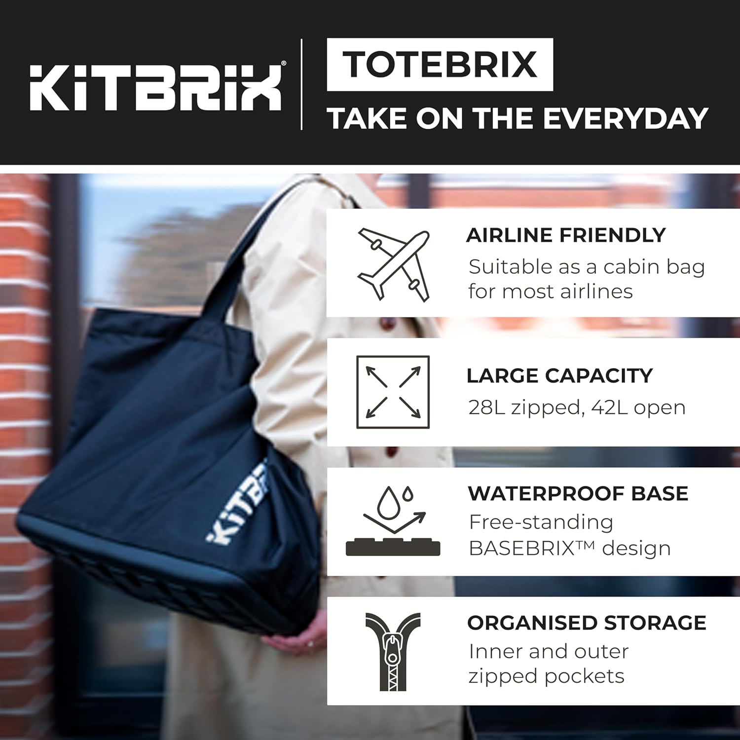 KitBrix ToteBrix Tote Bag with Zipper, Solid Waterproof Base - Laptop Pocket, Phone Pocket, Luggage Handle Sleeve