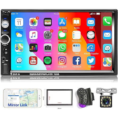 Hodozzy Double Din Car Stereo 7-Inch Touch Screen Car Radio with Bluetooth Indash 2 Din Car Audio Head Unit Support Mirror Link for Android/iOS USB TF AUX FM MP5 Multimedia Player + Backup Camera