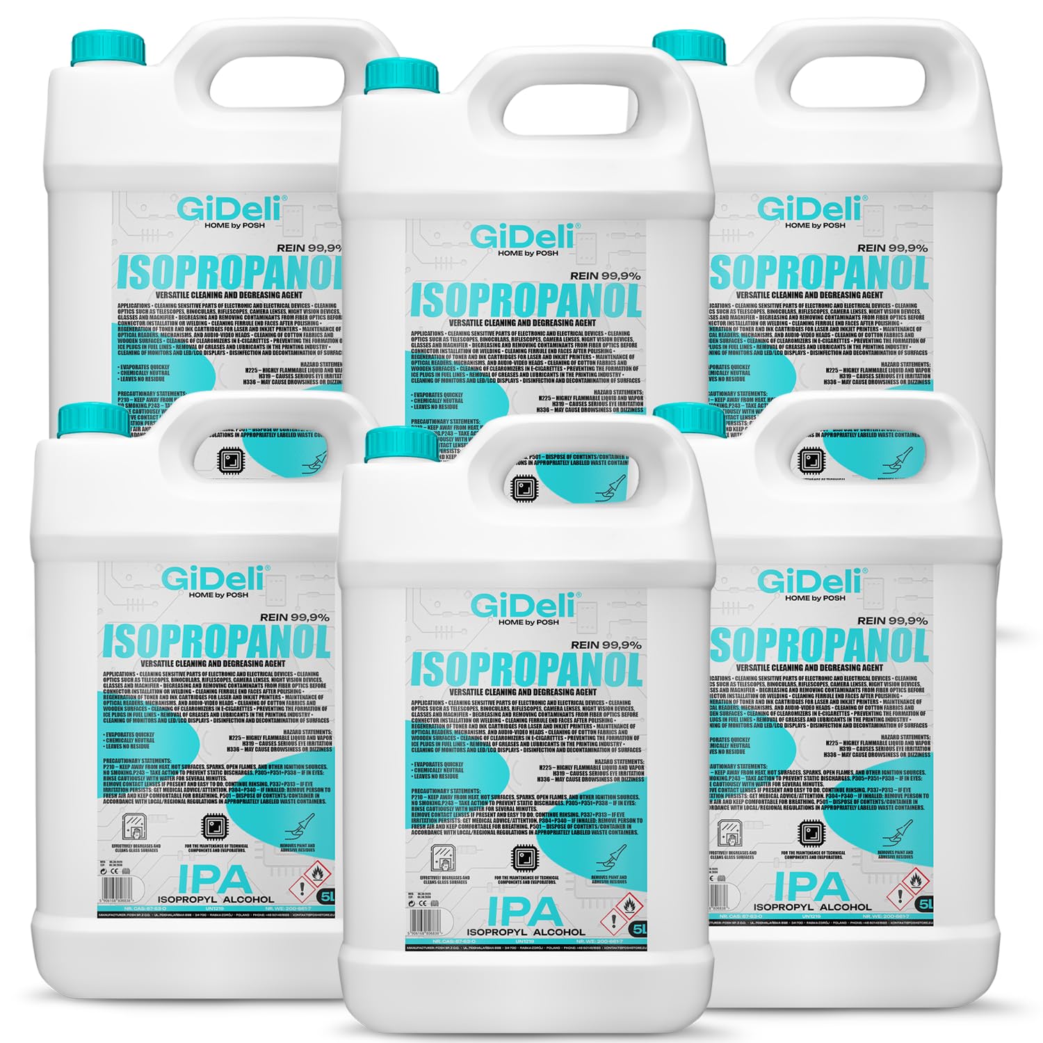 GiDeli Isopropanolo 99,9% 30 litri di alcool isopropilico ad alta percentuale di alcool per pulizia di componenti elettronici, lenti e schermi, pulizia di resine con stampa 3D