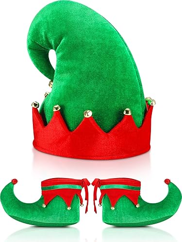 SATINIOR Juego de accesorios de disfraz de Papá Noel con zapatos y sombrero de Navidad rojo y verde