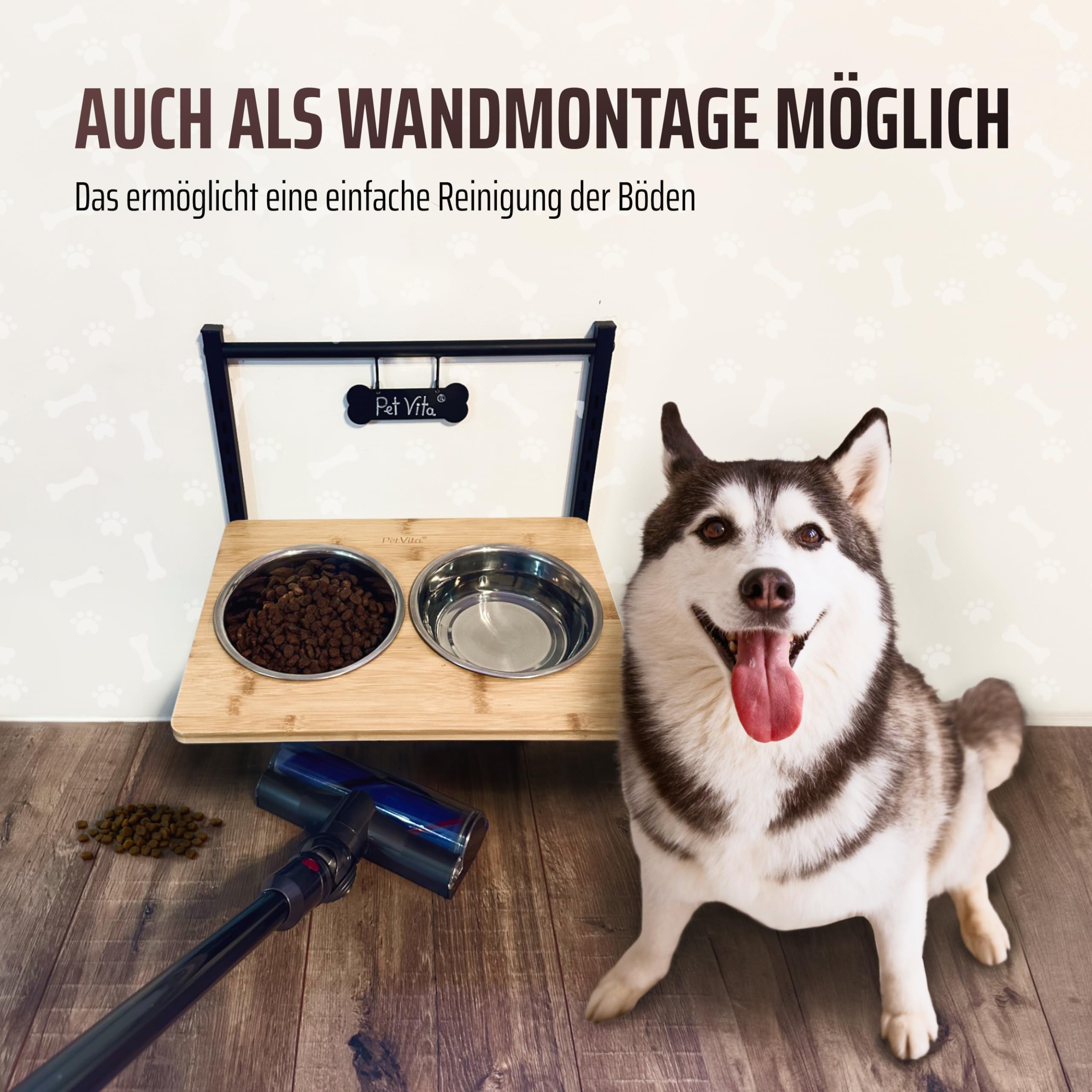 Erhöhter Hundenapf: ALLinONE Hundebar, 12 mal höhenverstellbar mit 2 Edelstahlnäpfen, Futterstation, Wandmontage