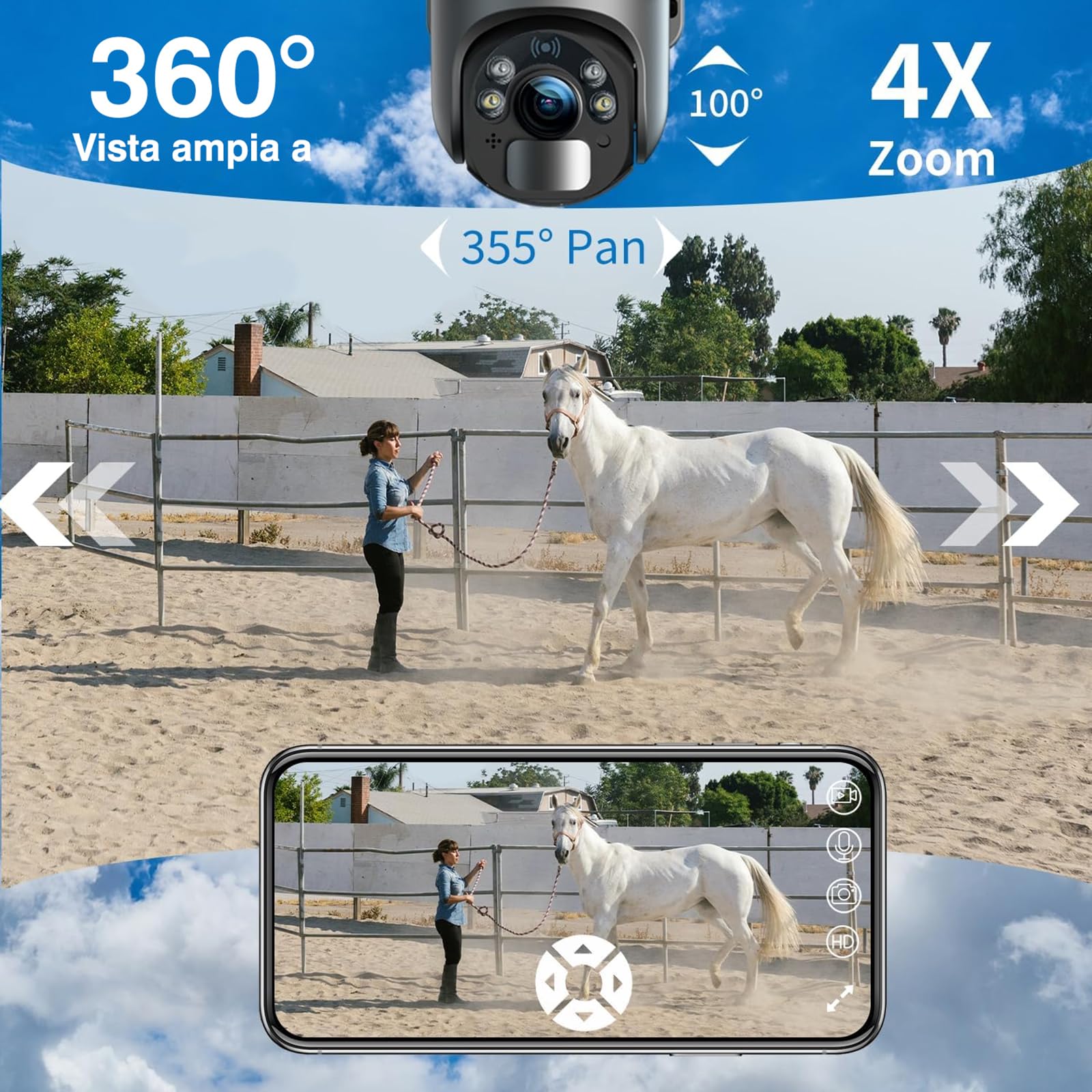 Xega 4G LTE Telecamera Solare Esterno con SIM Scheda 2K HD 355°/95° PTZ Telecamere Senza Fili con Pannello Solare Batterie Visione Notturna Rilevamento del Movimento Audio Bidirezionale Rotazione