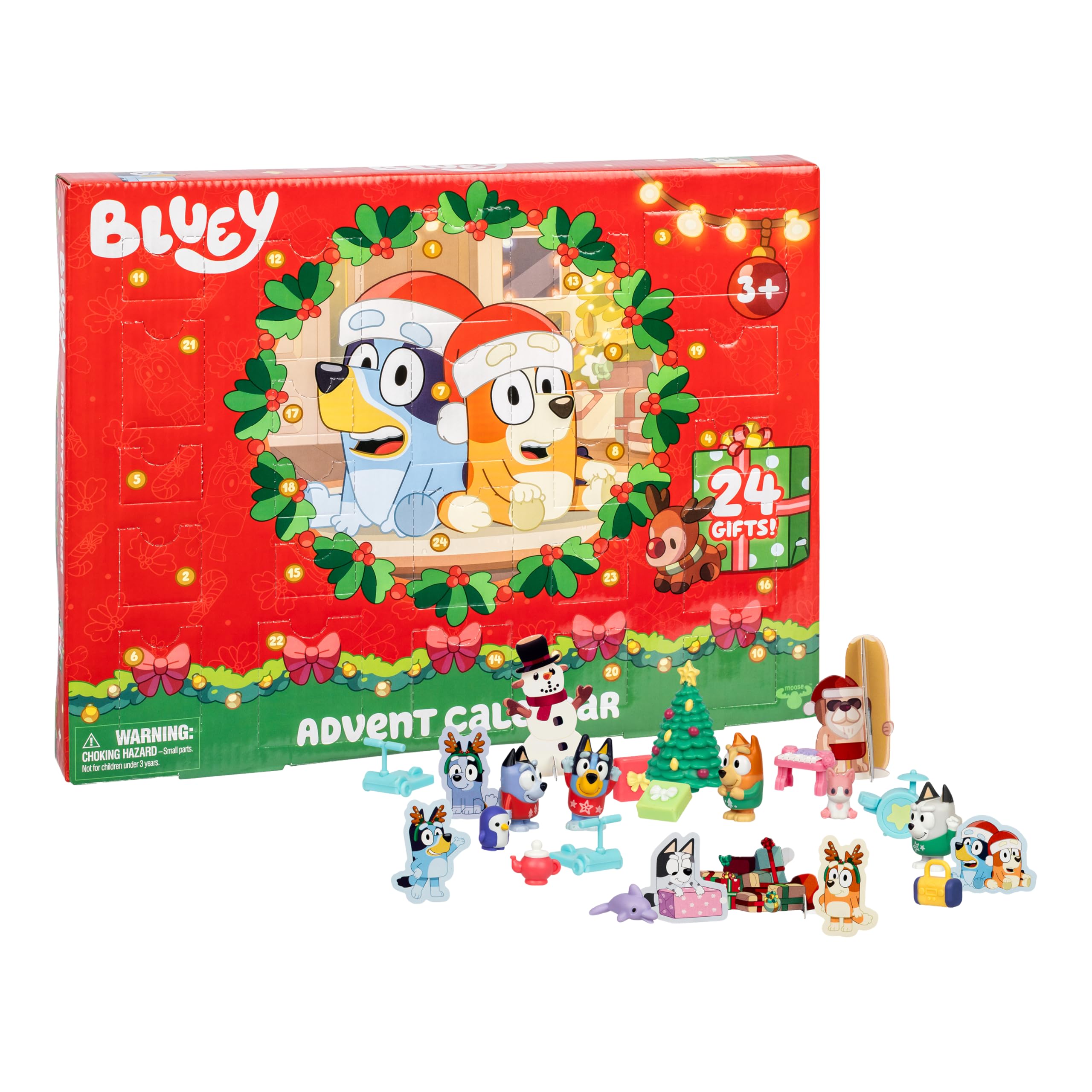 Bluey Advent Calendar, Find 4 Mini Figures, Bingo, Muffin And Socks, 12 Other Accessories, 3 paper standees and 5 stickers to reveal Behind 24 Windows