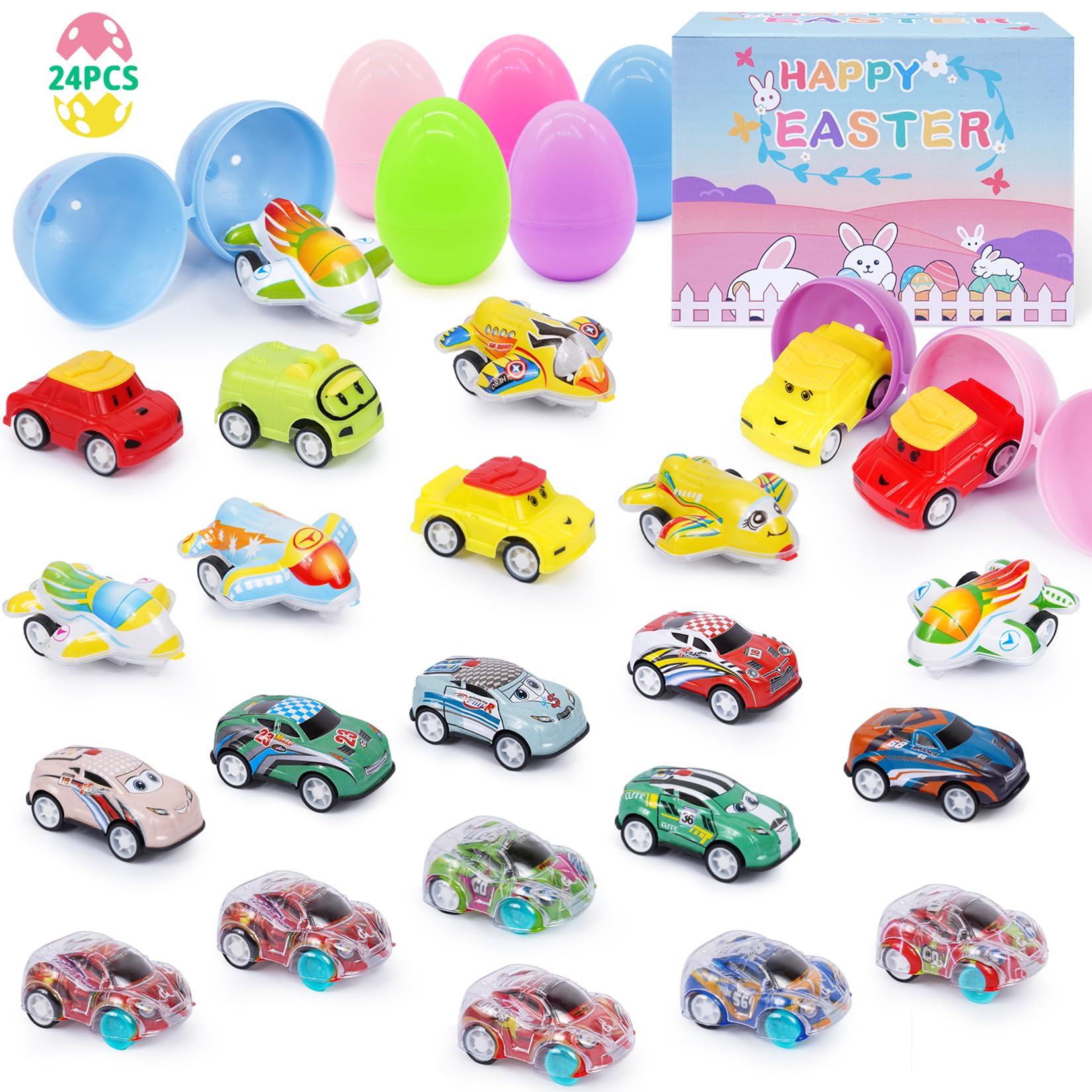 KOPHINYE 24 Easter Eggs Filled with Toys, Colourful Easter Eggs Filled with Cars and Planes for Easter Egg Hunts, Easter Party Favors Easter Basket Stuffers Mini Vehicle Toys for Kids