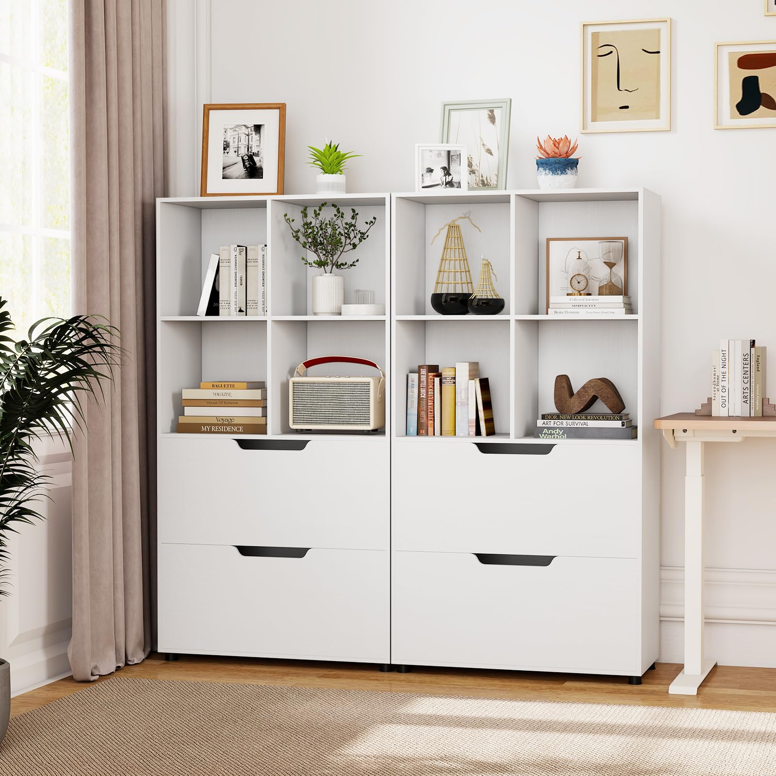 COSTWAY Libreria a 4 Cubi con 2 Cassetti, Scaffale Alto a 5 Ripiani da 130 cm, Libreria Moderna a Cubi Aperti, Organizer in Legno per Soggiorno, Studio, Ufficio Domestico (Bianco)