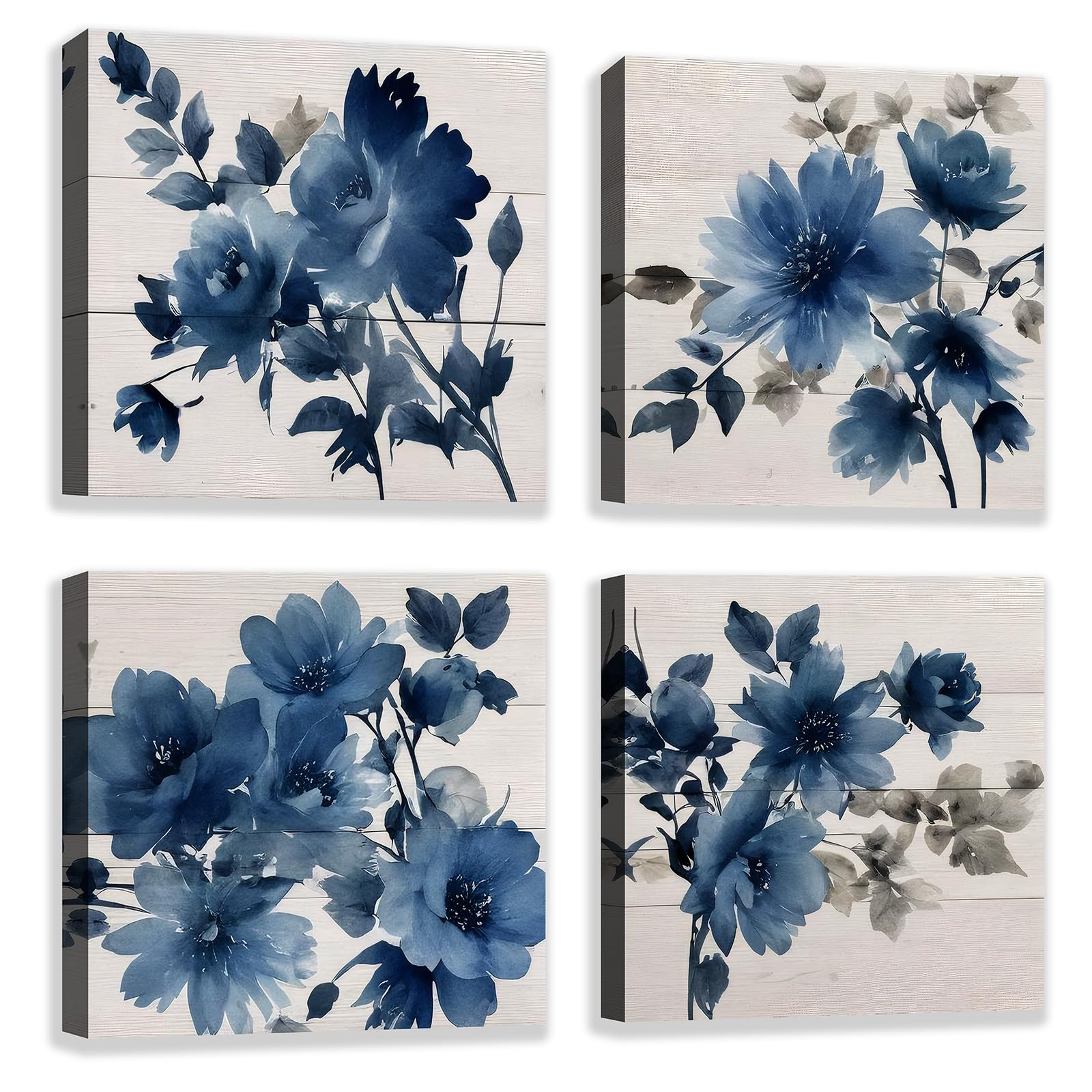The Mode Art 4 Panels Navy blue Flowers Wall Art Canvas Print Watercolor Painting Vintage Floral Wall Decor for Kitchen Bathroom Bedroom 12x12 inch Each