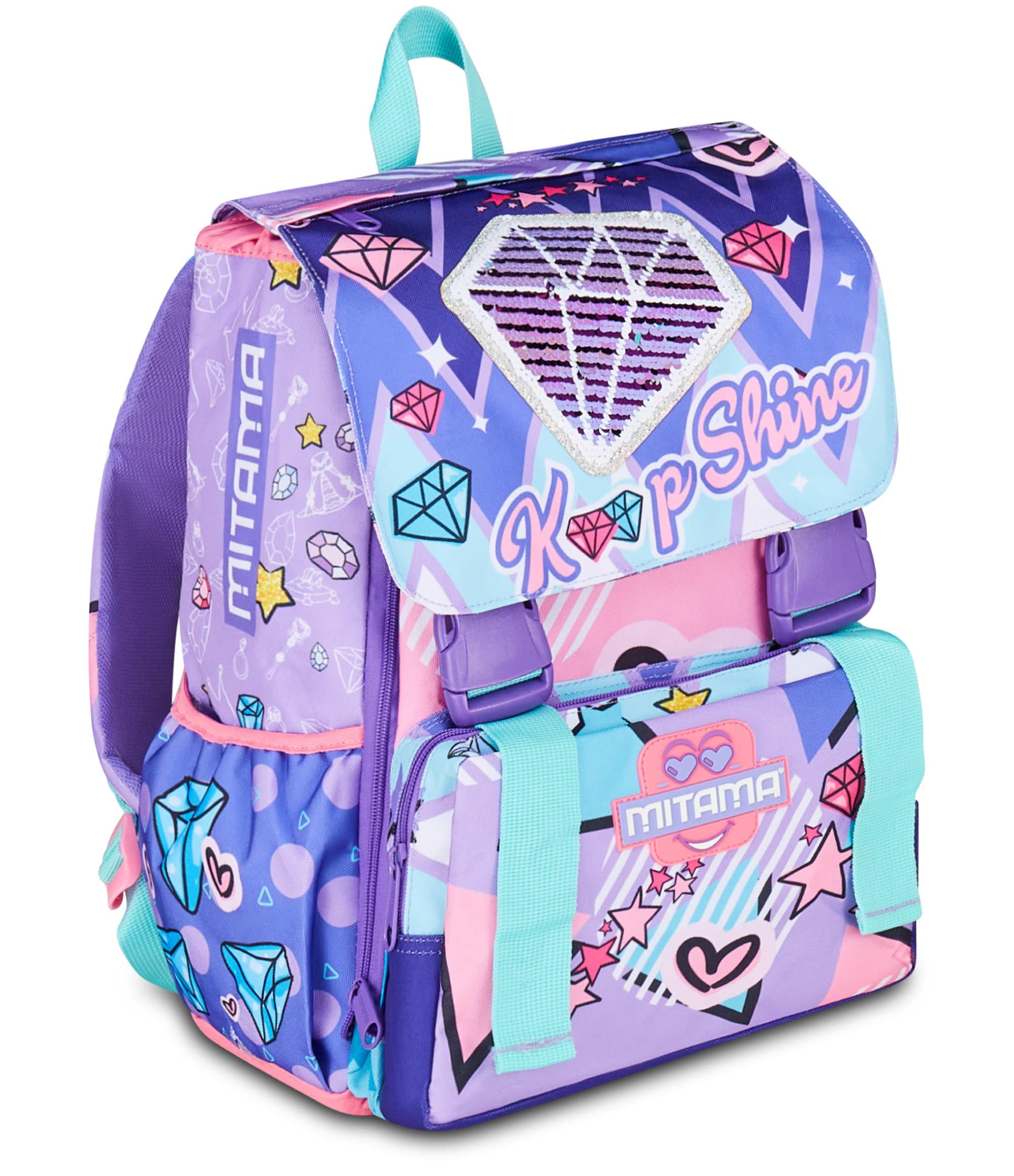 Zaino scuola Triplo Scomparto Mitama DOUBLE DIAMOND, Lilla, Zaino Estensibile, Tasca Porta Borraccia, Schienale Preformato, Scuola Elementare, Bambina