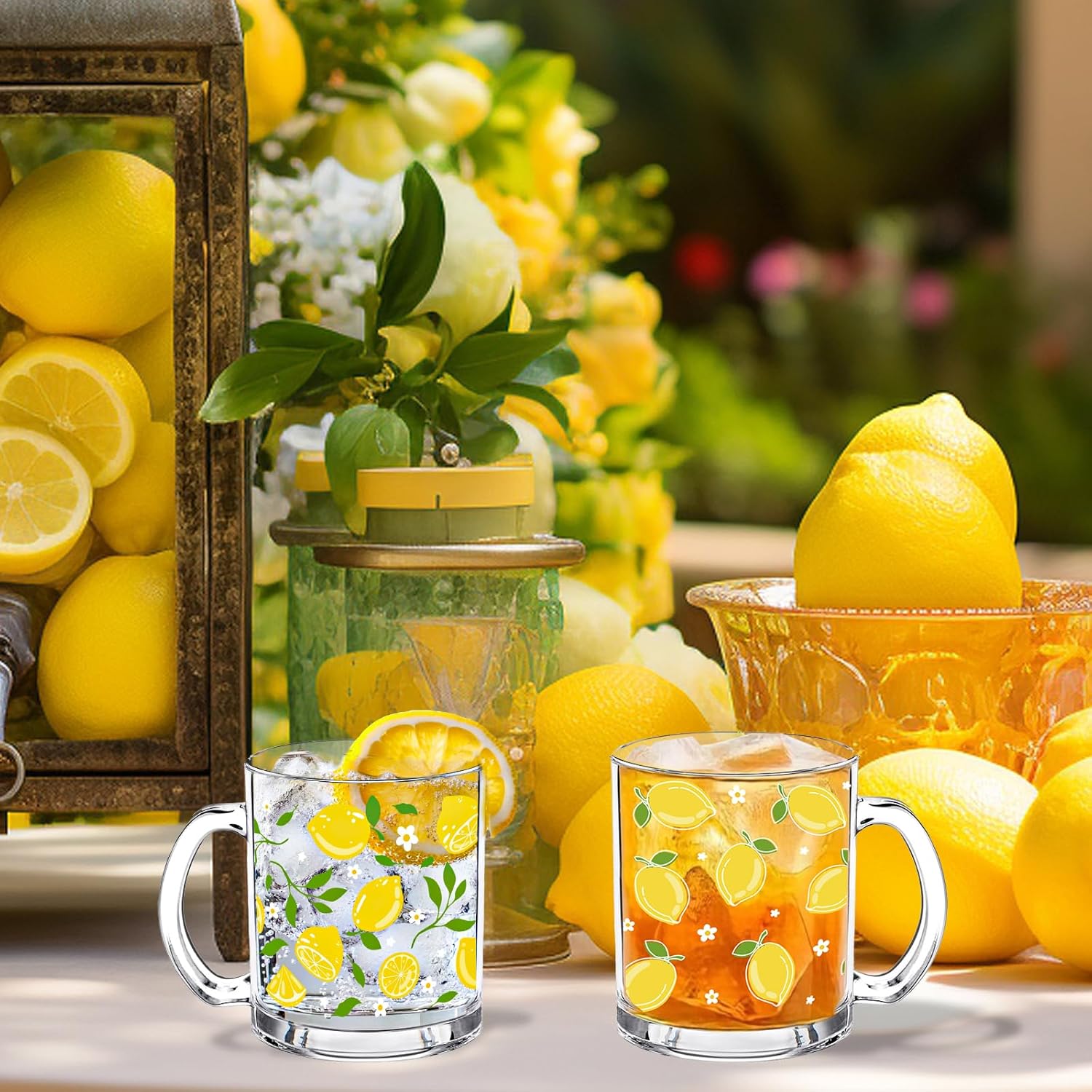 Whaline 4Pcs Lemon Glass Coffee Mugs with Handle Lemon Leaves Coffee Cups Summer Beverage Mugs for Hot Cold Drinks Water Tea Milk