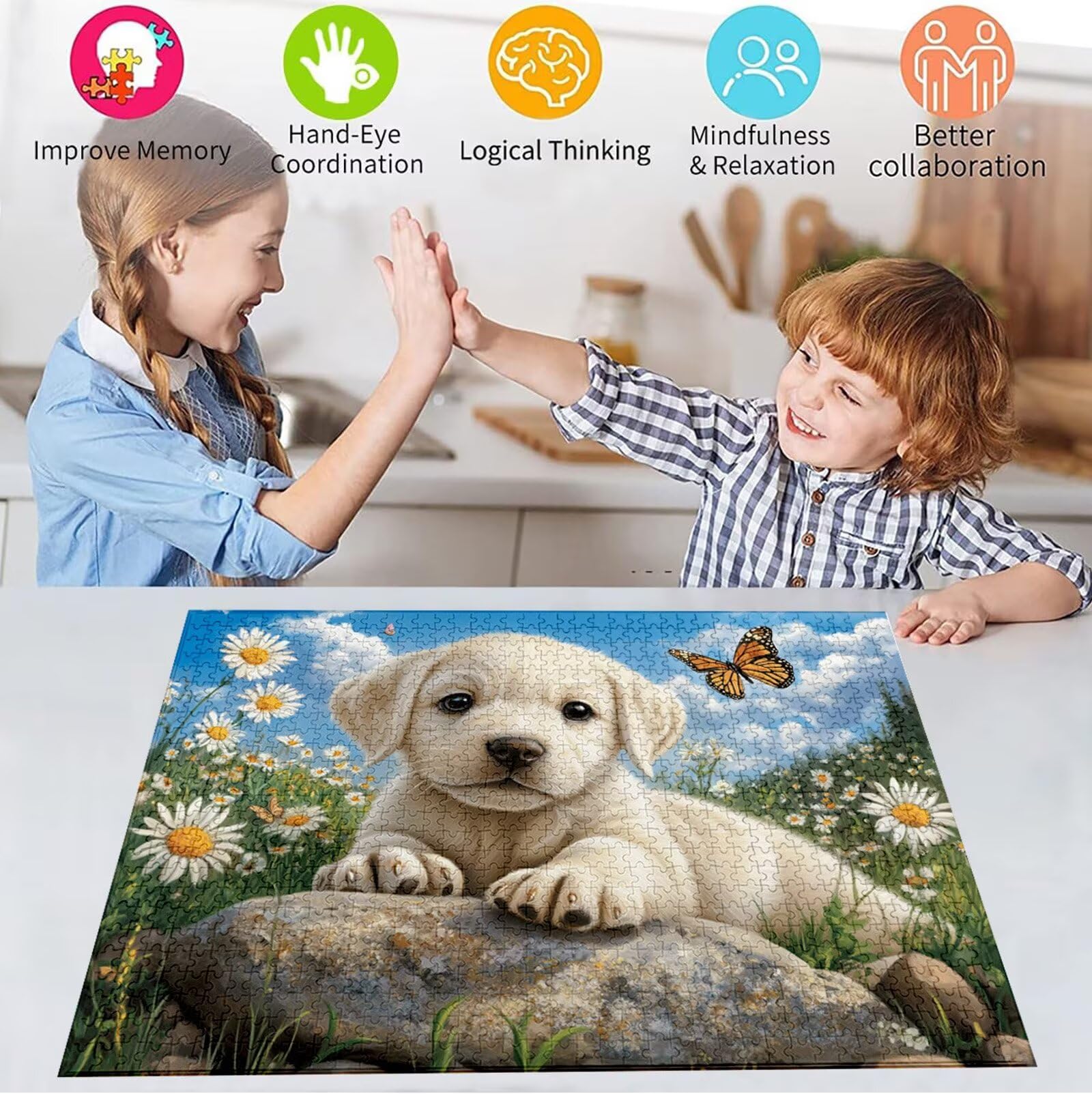Puzzle 5000 Pezzi, 3 4 5 Anni Puzzle Farfalla 6 7 8 Anni Giochi Educativi Sostenibili Con Motivi Per Adulti Da Gioco in Legno Di Alta Qualità Jigsaw Golden Retriever per Gioco Familiare, Regalo H-17