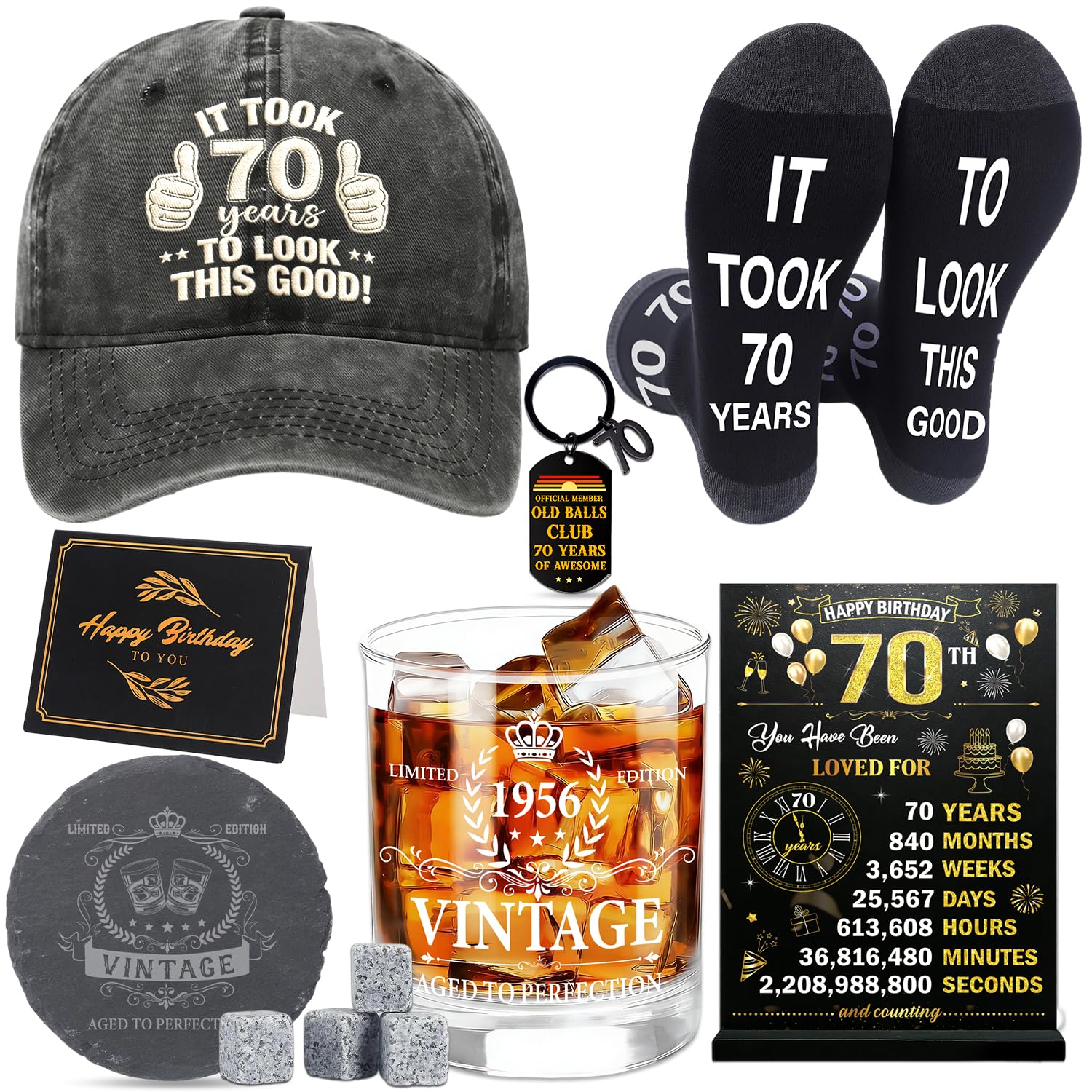 JoyAura 70th Birthday Gifts for Men Vintage Hat 1956 Beer Glass Gift Set