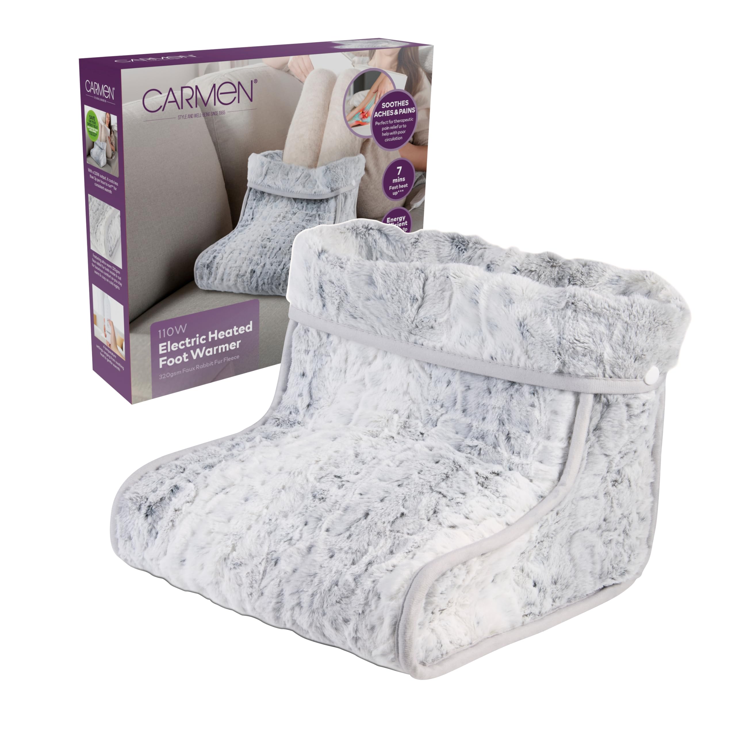 Carmen Electric Heated Foot Warmer 110W 4 Heat Settings Fabric Faux Fur Grey