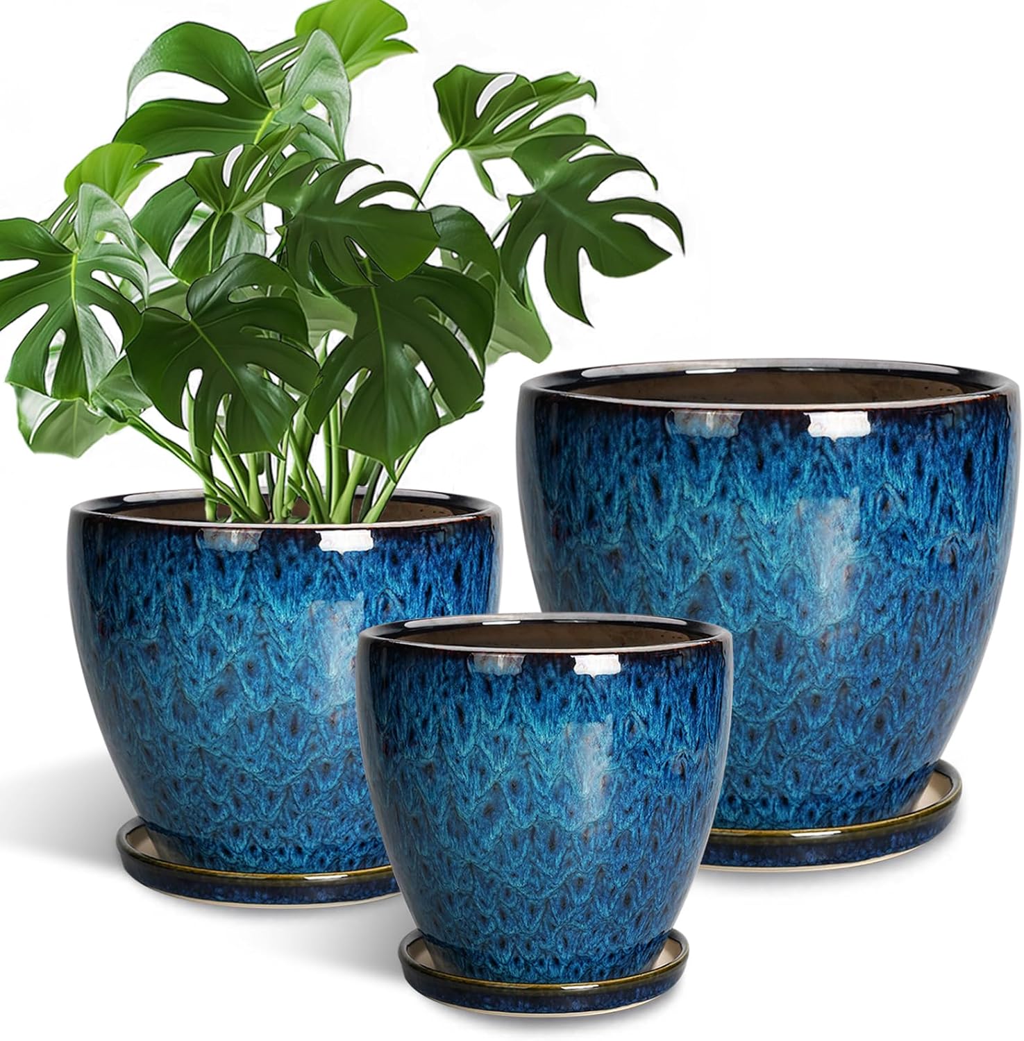 Plant Pots Indoor, Ceramic Planters Pots with Drainage Holes and Saucers, 10+8+6 Inch, Set of 3, Round Large Flower Pots for Indoor Outdoor Plants, Blue 10+8+6 Inch Blue