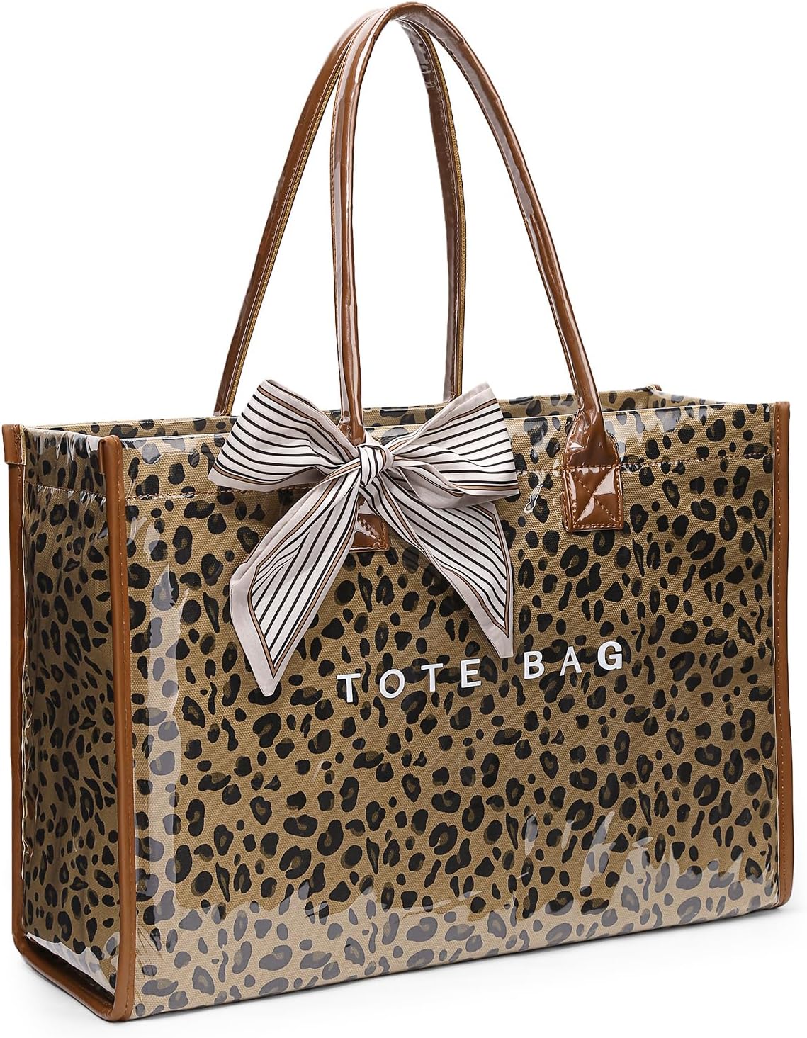 Lushandy PVC Tote Bag for Women, Large Plastic Tote Purse Work Kraft Paper Letter Print Shoulder Bag Carry All Hobo Handbag