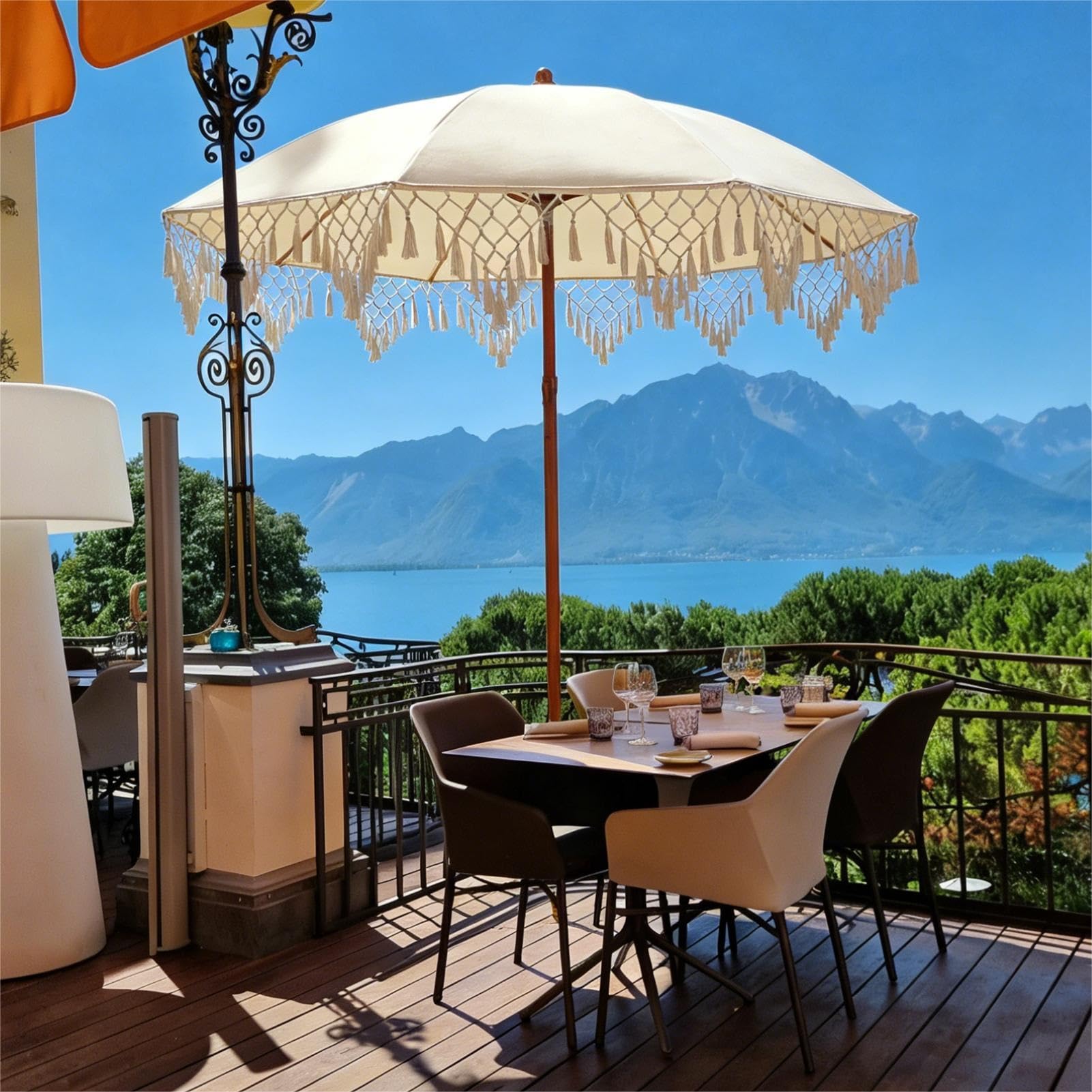180cm Uchylny Parasol Plażowy Boho z Frędzlami, Parasol Ogrodowy z 8 żEber Ochrona Przed, na Patio, Taras, Basen