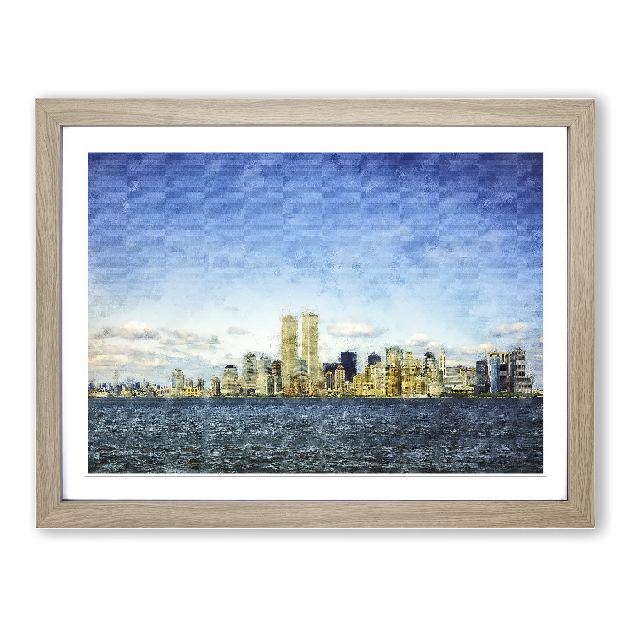 New York Skyline With The Twin Towers Painting Modern Art Framed Print, Oak, A3 (46 x 34 cm)