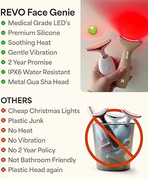 REVO Genie Facial Massager for Face and Neck, LED Beauty Device with Heat and Vibration, Depuffing Sculpting Tool with Red Blue Green Light Modes for Skincare Routine