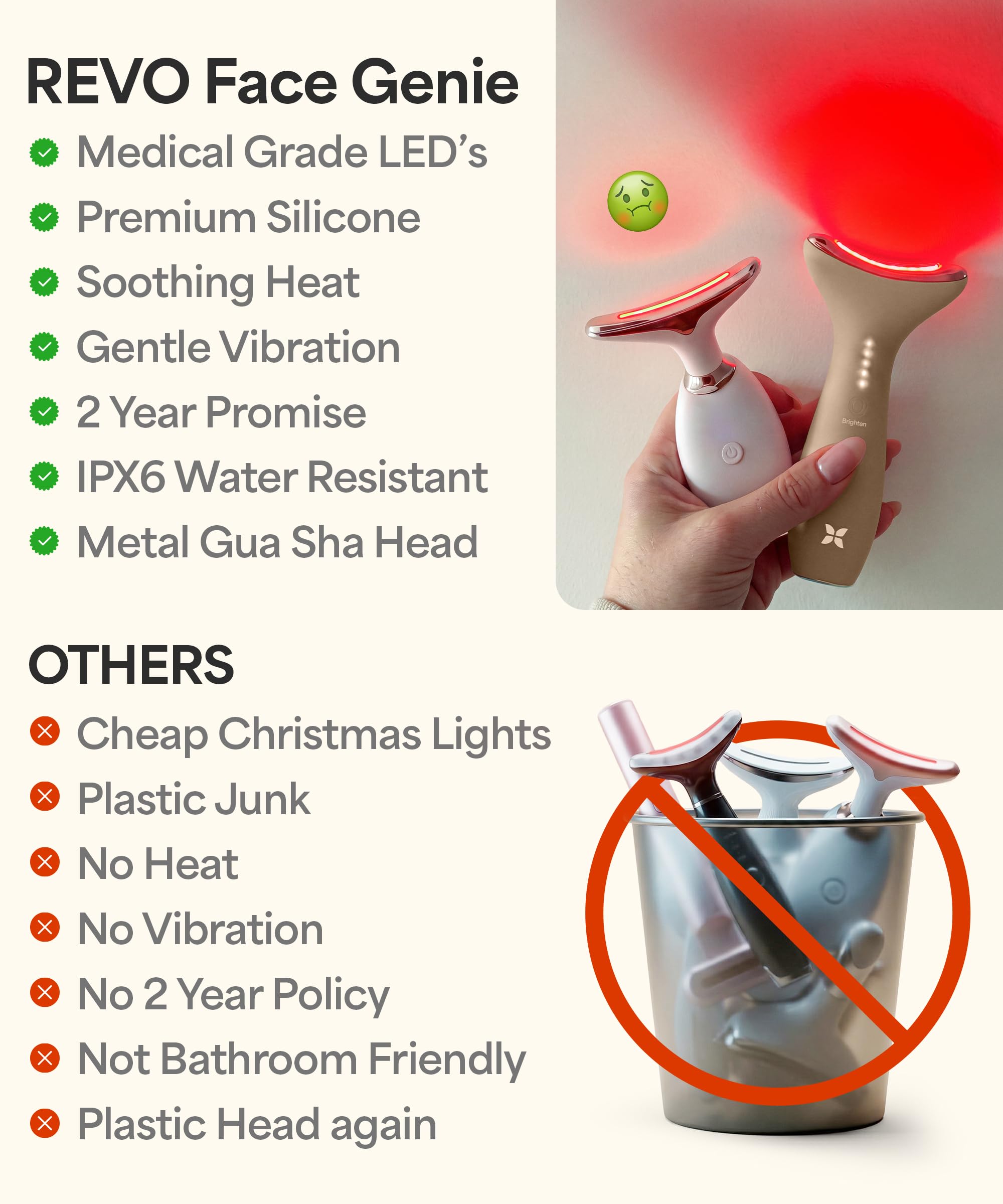 REVO Genie Facial Massager for Face and Neck, LED Beauty Device with Heat and Vibration, Depuffing Sculpting Tool with Red Blue Green Light Modes for Skincare Routine
