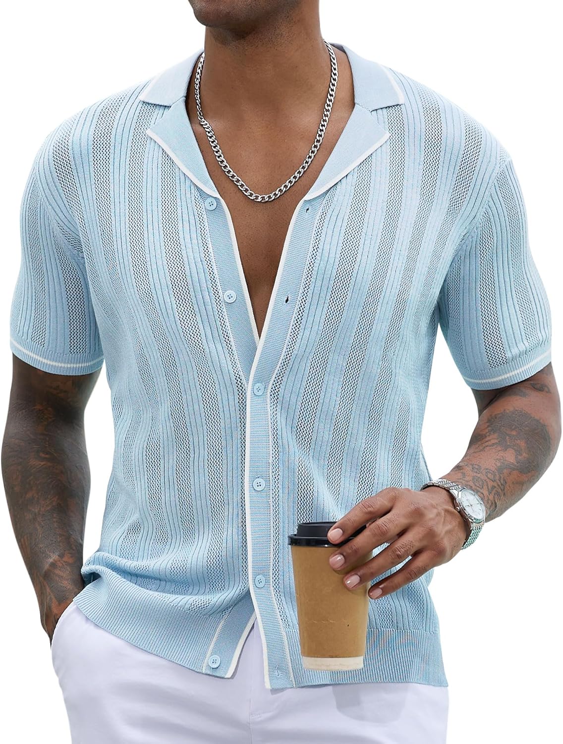 Men's Knit Button Down Shirt Short Sleeve Vintage Knitted Striped Summer Beach Tops S-XXL