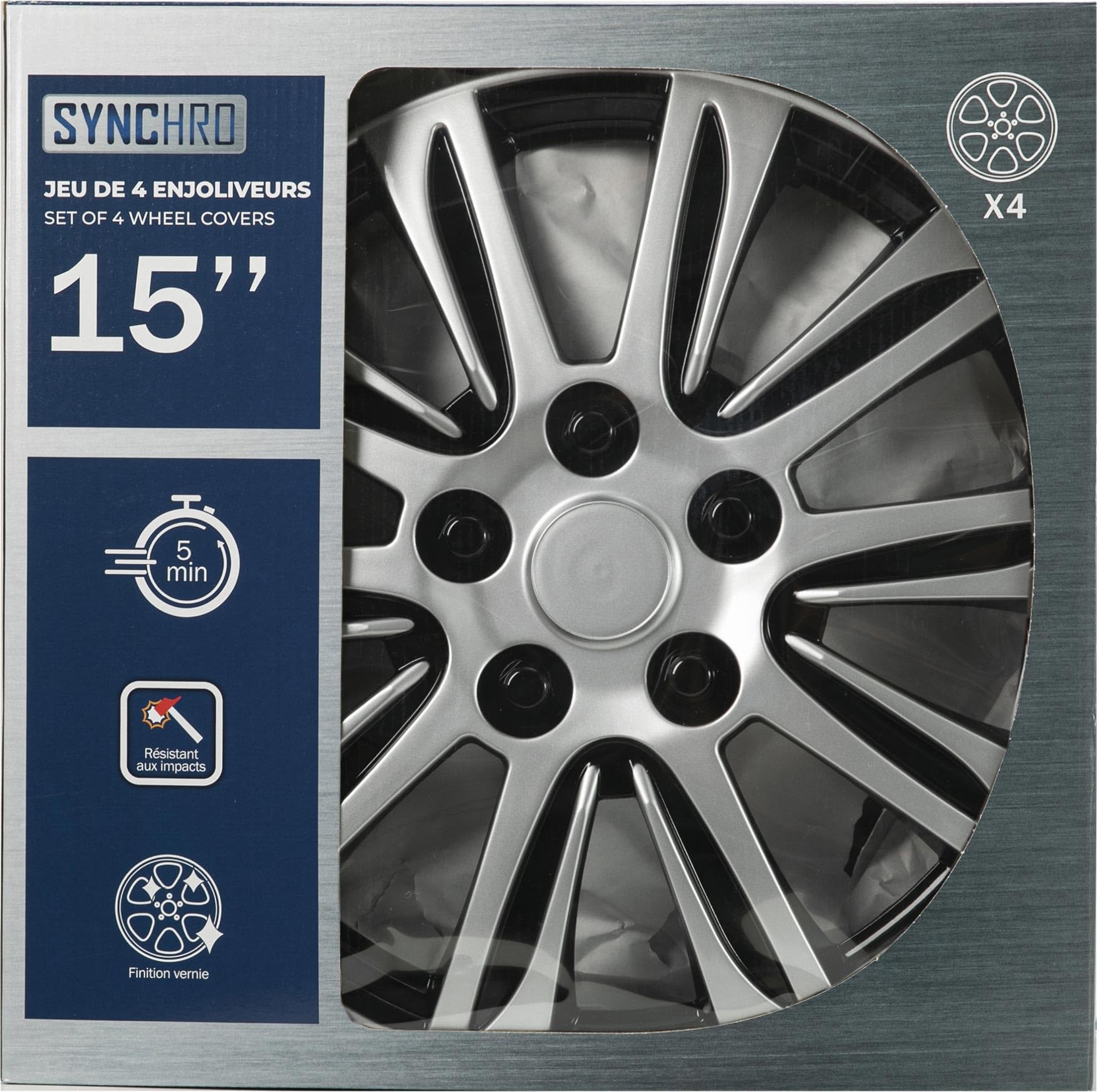 SYNCHRO Enjoliveurs Toronto Silver/Black 15 Pouces- 4 pièces, ABS, clipsage