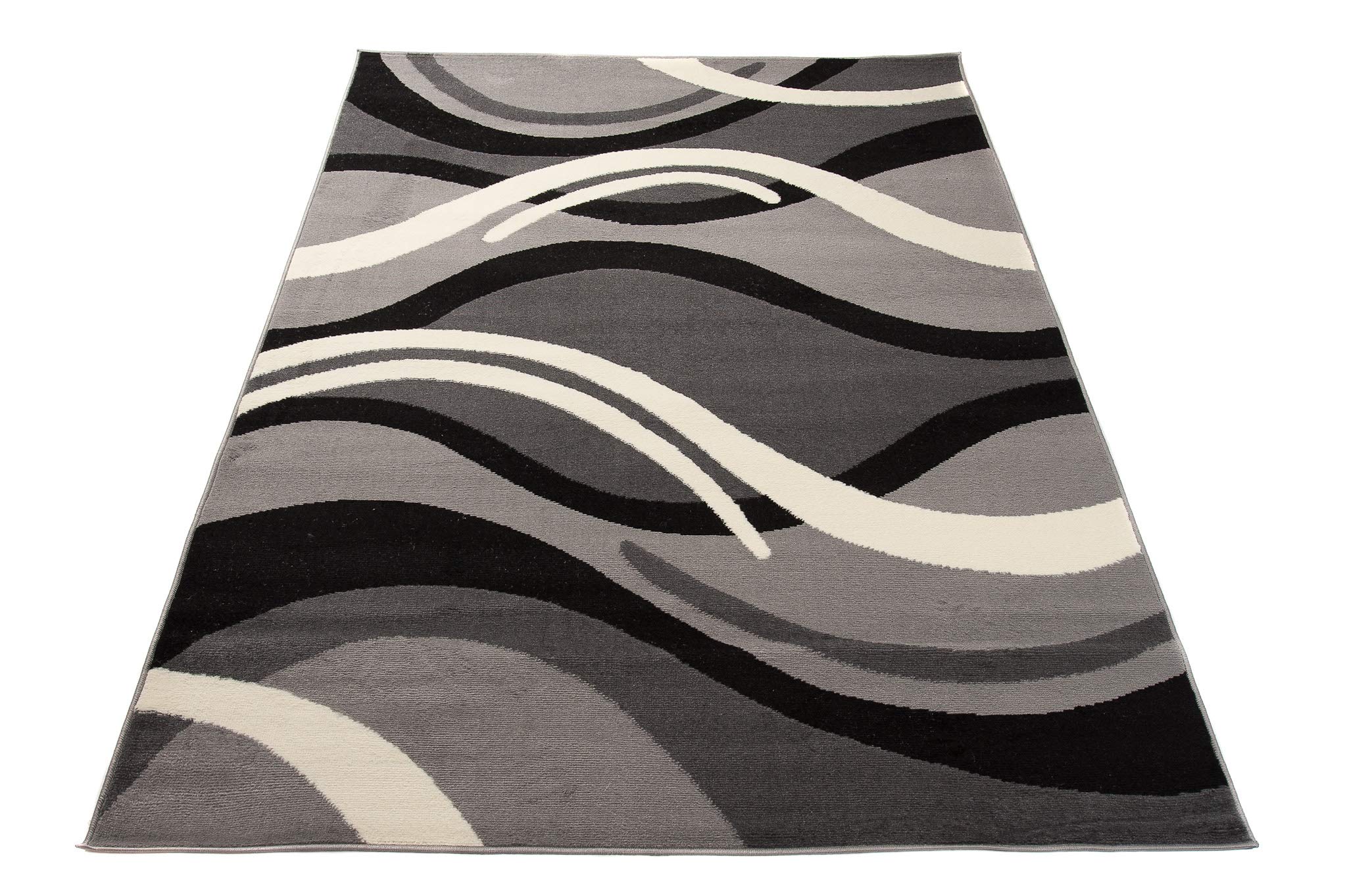 TAPISO Dream Tapis de Salon Chambre Salle à Manger Adulte Bureau Design Moderne Noir Gris Blanc Abstrait Motif Ondes Vagues Poil Court Fin Doux Léger Résistant 140 x 200 cm