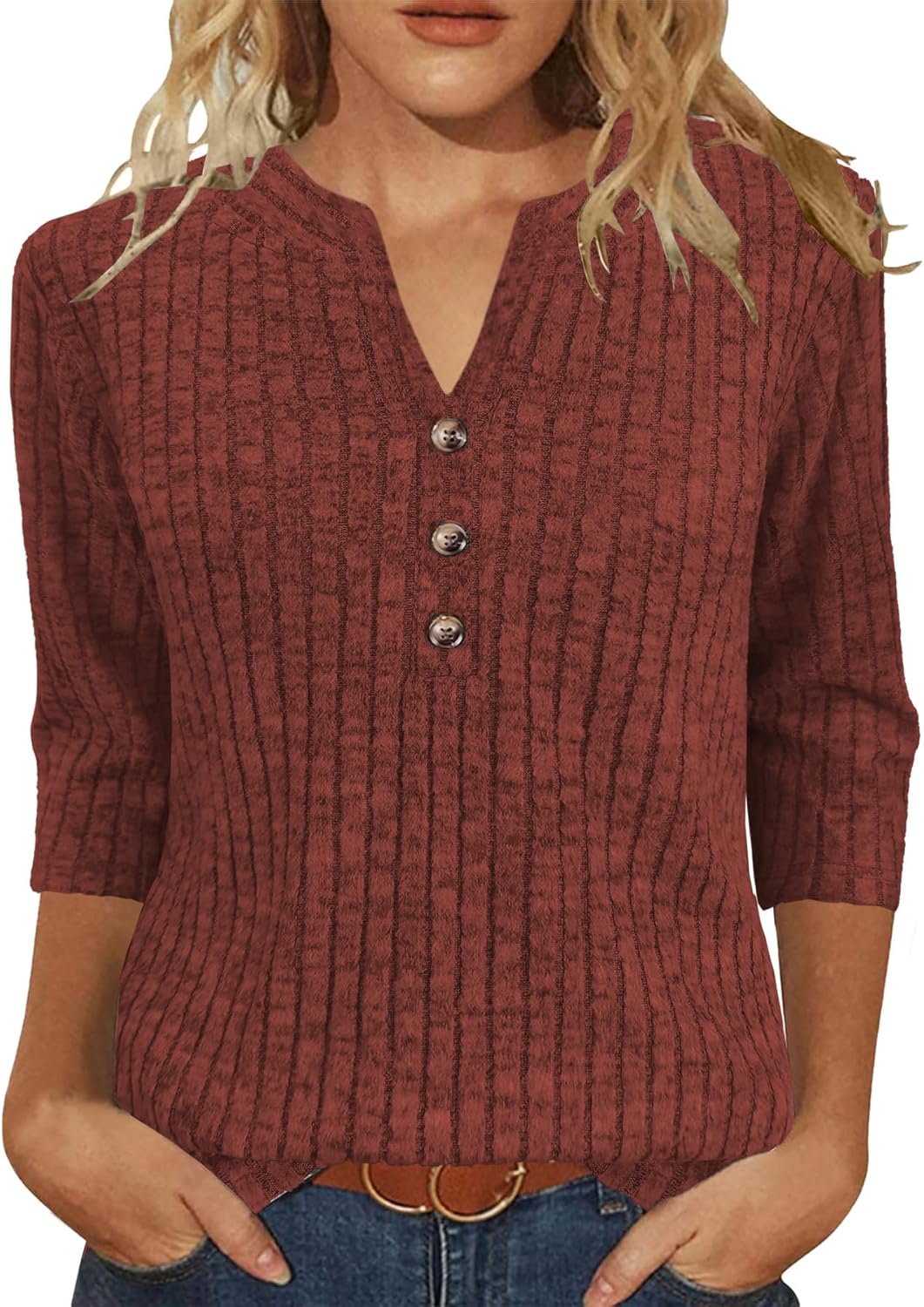 Womens Sweaters 3/4 Length Sleeve Tops Fall Fashion V Neck Casual Sweatshirt Winter Clothes