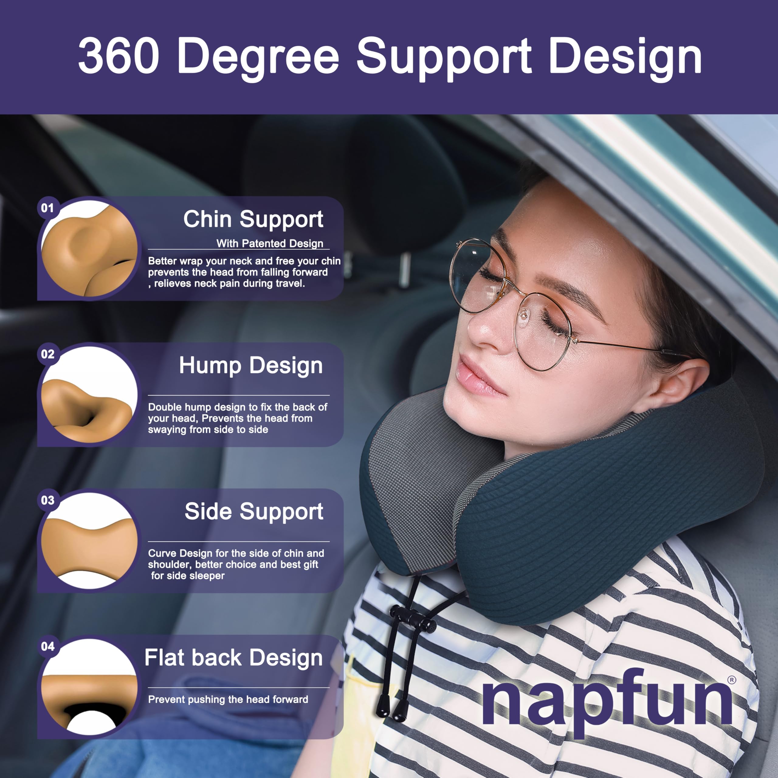 napfun Neck Pillow for Travel, Memory Foam Airplane Pillow, Deep Blue view 3