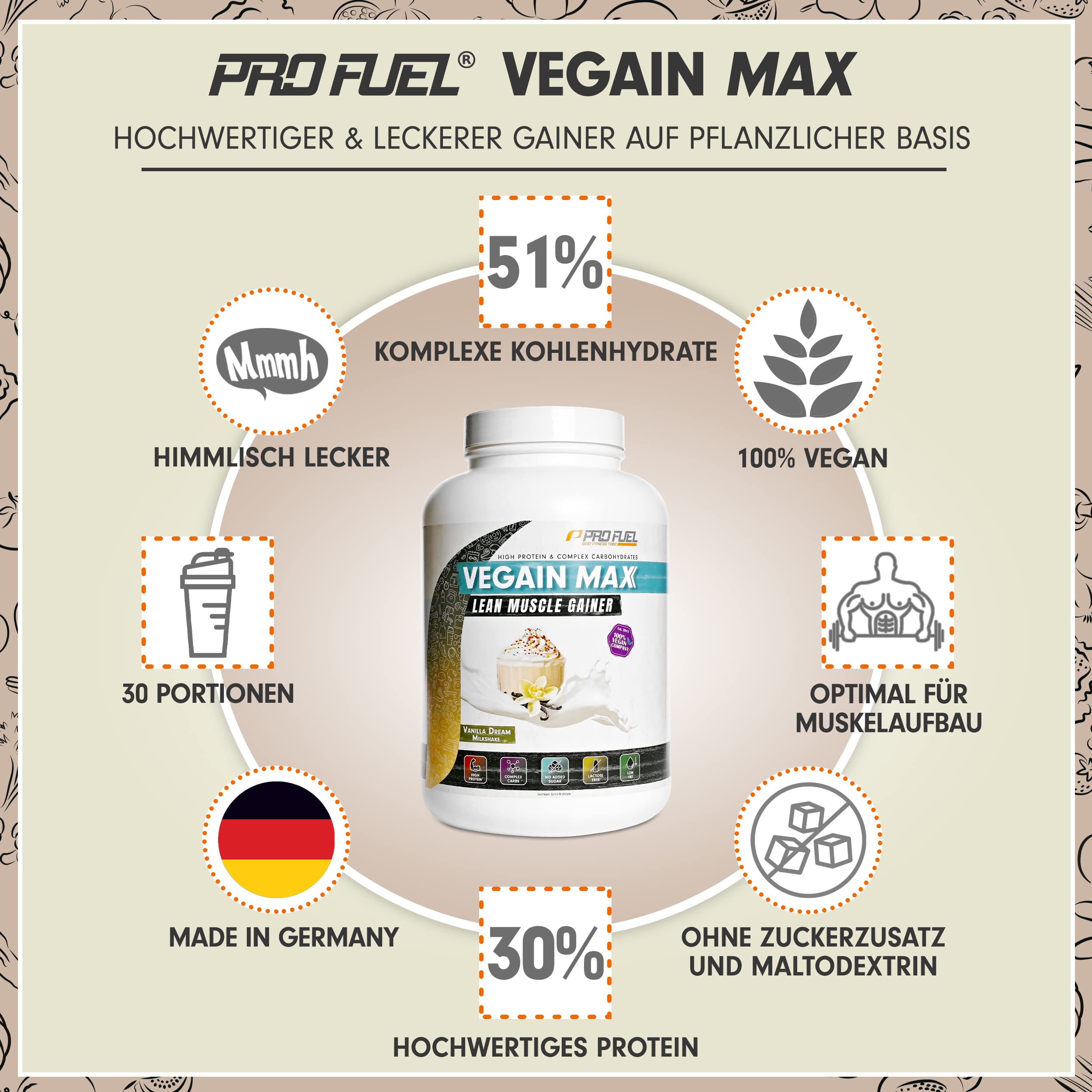 Weight Gainer VANILLA DREAM MILKSHAKE 3kg, 580+ kcal pro Portion, VEGAIN MAX Muscle Mass Gainer, hoher Protein-Gehalt 30% + komplexe Kohlenhydrate, ohne Maltodextrin & Dextrose, laktose-frei & vegan
