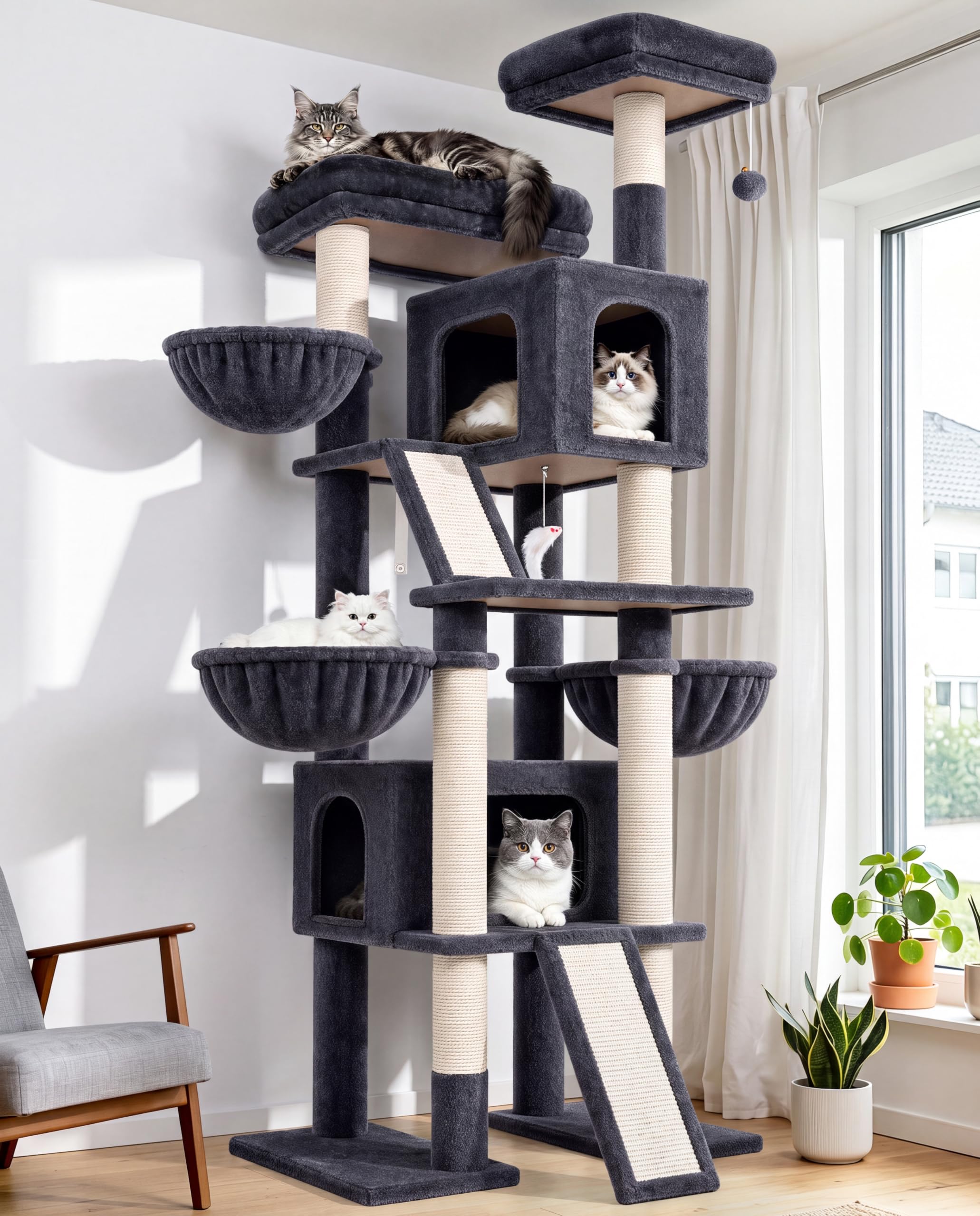 Globlazer Árbol Rascador XXL para 3-4 Grande Gatos 200 cm con 2 Inmenso Nidos, Plataformas 50*30*30CM, 3 Cesta, 2 Rascar Sisal, Estable Torre Gato para Vario Gatos Adultos Interior (F78, Gris Oscuro)