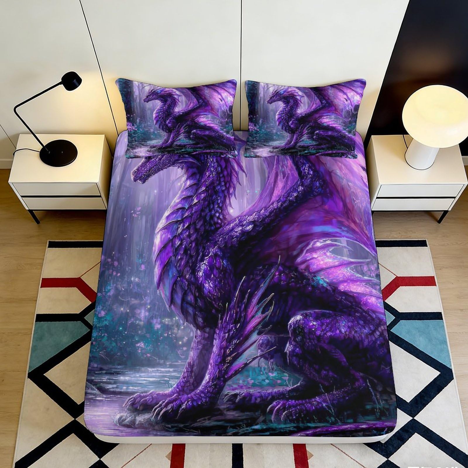 3D Printed Purple Dragon Fitted Sheet Microfiber Soft Breathable Fantasy Creature Bed Cover for Bedroom Dormitory Guest Room Mattress Protection 200x200x25cm