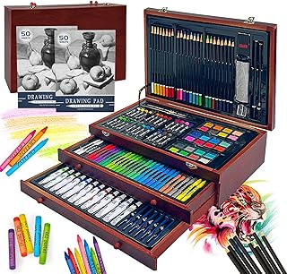 KINSPORY Maletin Pinturas para Niños, 175 piezas Juegos de Dibujo, Pinturas para Niños, Lapices de Dibujo (marrón)