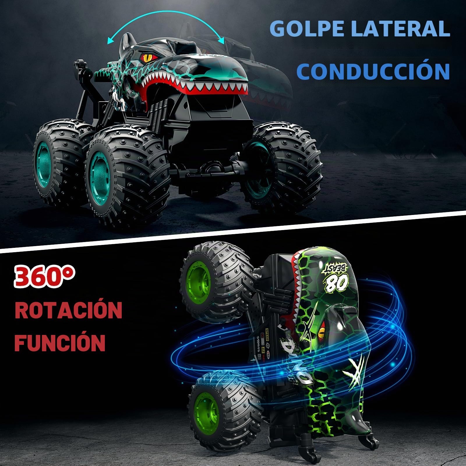 ACAMMZAR Coche Teledirigido, Dinosaurio Monster Truck Radiocontrol, 2.4GHz 20+Km/h RC Stunt Coche, Crawler Camiones con Luz Led y Música,de Juguete para niños de 4 6 8 9 12 años Adulto