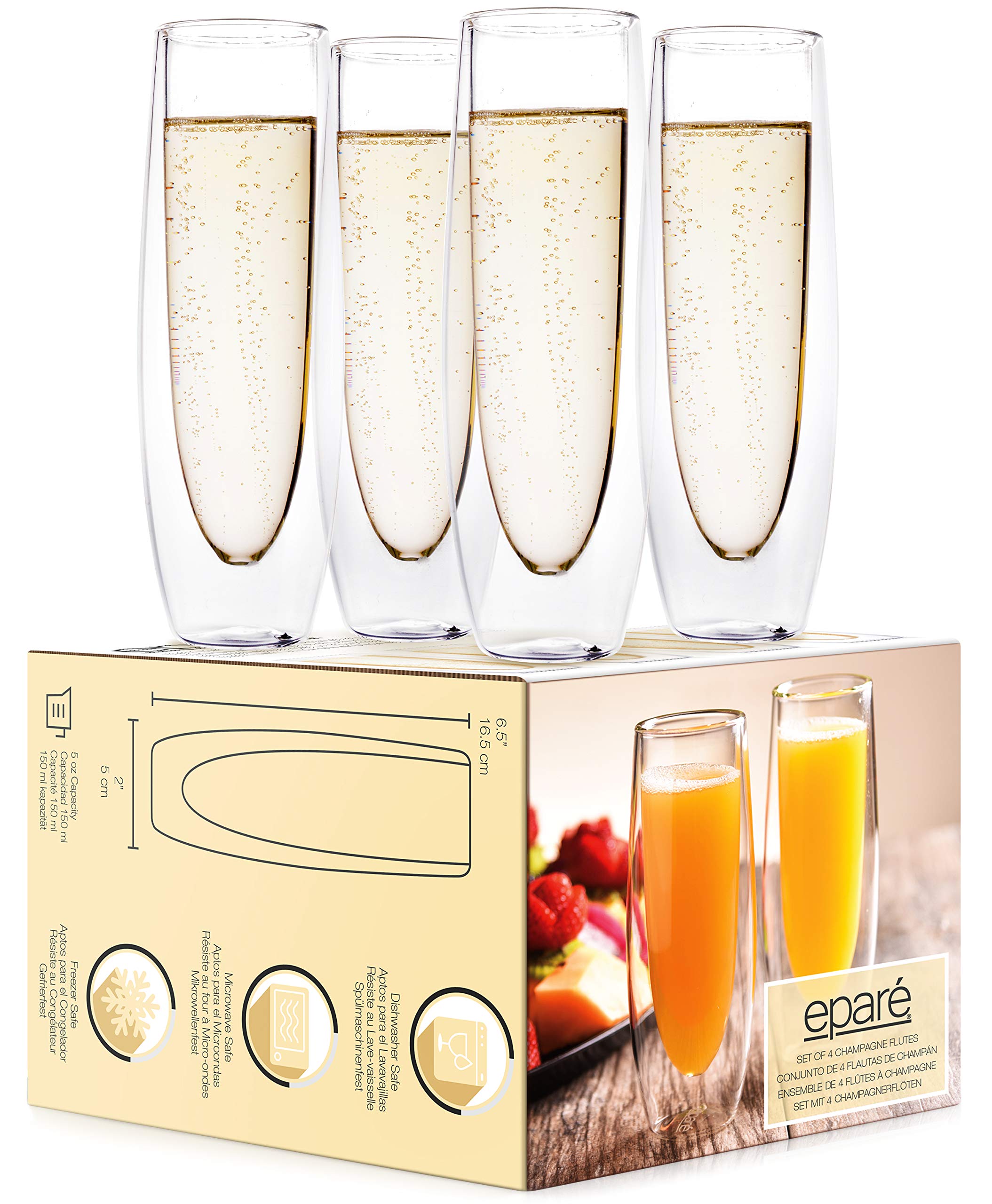 Eparé Champagne Flutes - 5oz Set of 4 - Stemless Sparkling Wine Glasses - Wine Flute for Weddings and Bridal Showers
