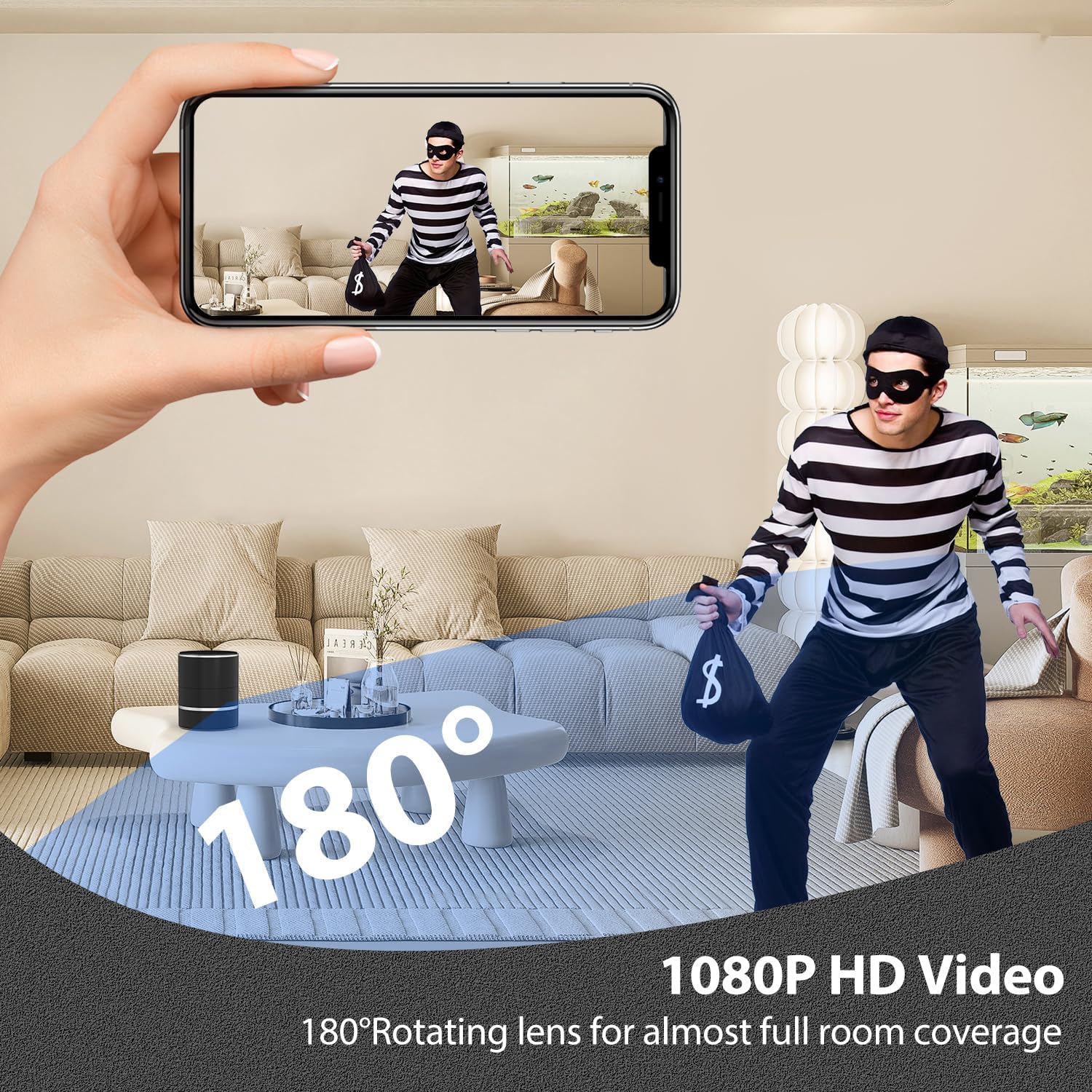 Speaker Camera - Indoor Security Camera - Full HD 1080P WiFi PTZ 180° Rotate Right/Left Motion Detection Mini Nanny Cam