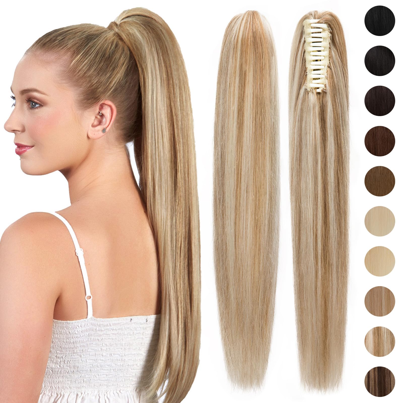 Photo 1 of S-noilite Claw Clip Ponytail Extension Human Hair #12P613 Golden Brown mix Bleach Blonde Real Remy Human Hair Ponytail Extension 16inch Hair Pony Tails Hair Extensions For Women
