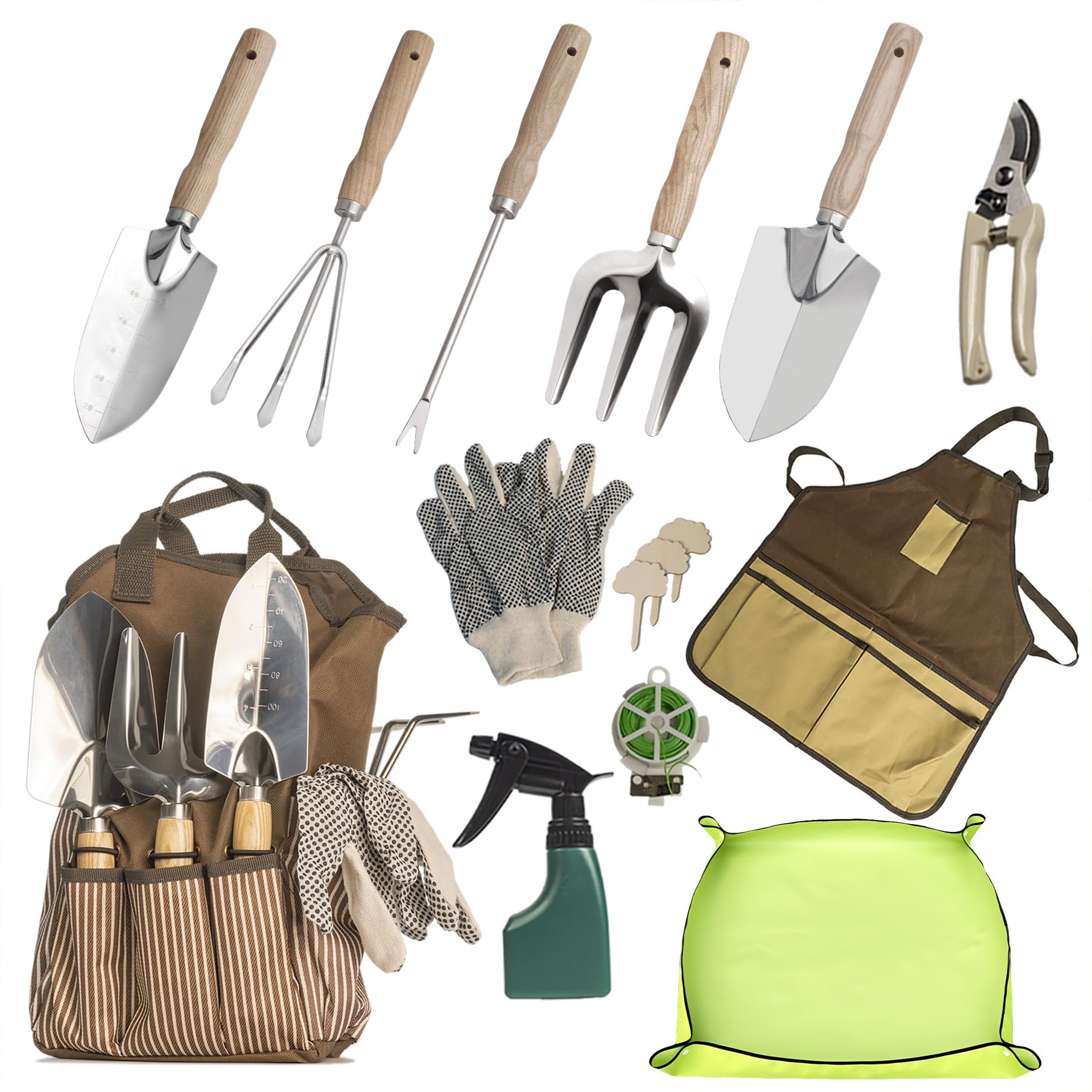 Juego de herramientas de jardín de 13 piezas con bolsa de mano y delantal, alfombrilla de trasplante – Kit de plantación resistente de acero inoxidable, asas ergonómicas antideslizantes