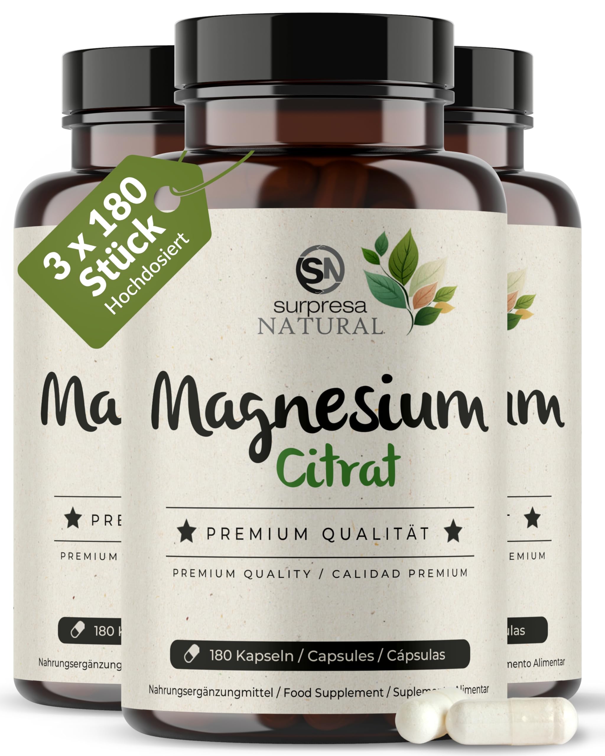 Magnesiumcitrat Kapseln hochdosiert I 3x 180 Kapseln I 1500mg Magnesiumcitrat & 240mg reines Magnesium pro Tagesdosis I Nahrungsergänzungsmittel vegan & laborgeprüft