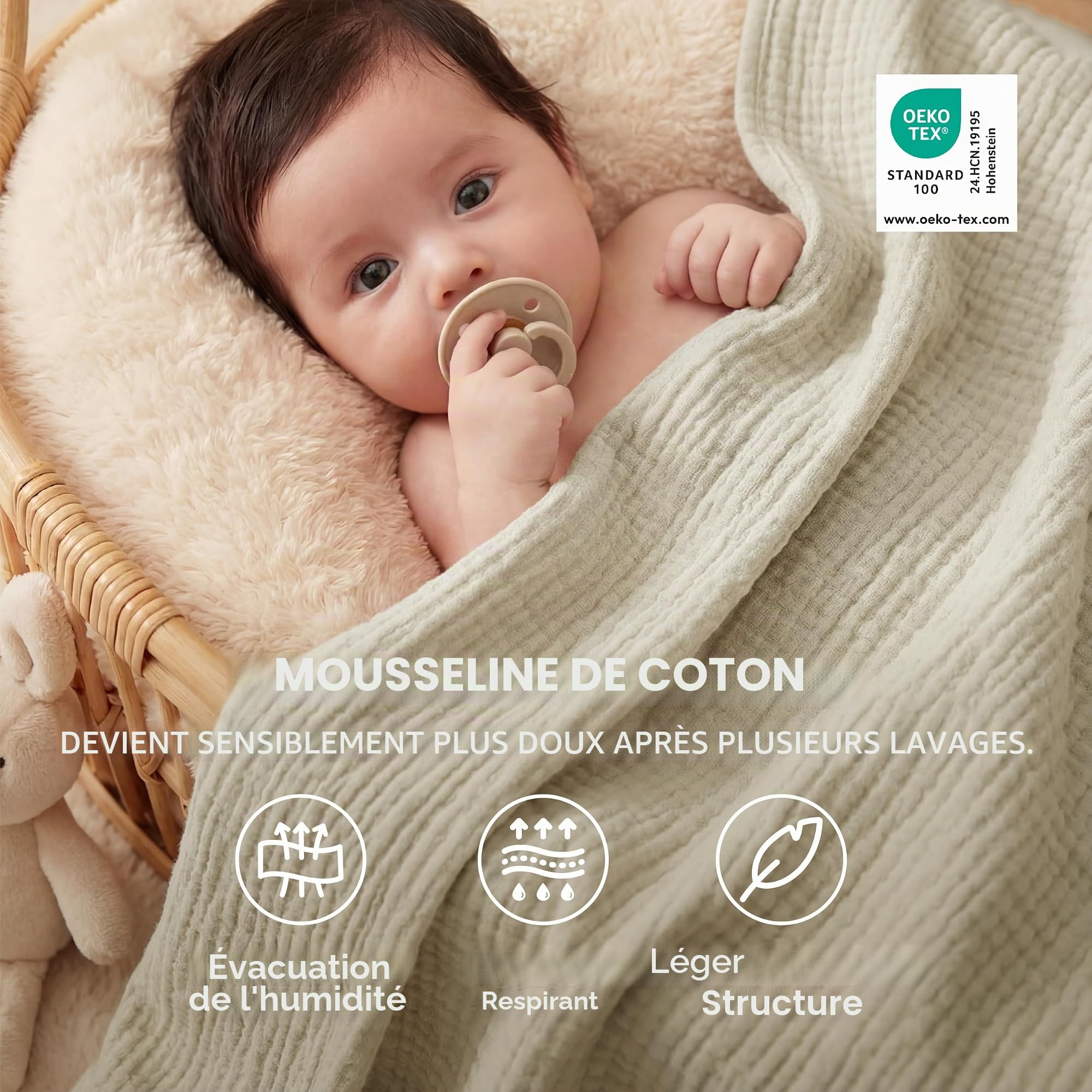 BEDSURE Couverture Mousseline 100% Coton - 4 Couches, Beige, 220x240 | Tissu Respirant Et Léger, Conçu Pour Une Utilisation Polyvalente Dans Le Salon, La Chambre Et L’Extérieur