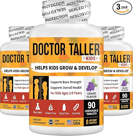 Doctor Taller Kids - Kids Multivitamins, Toddler Vitamins - Support Bone Strength, Enhanced Immunity with Calcium, Multivitamins for Ages 2 to 9 - Grape Flavor - 90 Vegan Chewable Tablets | 3 Pack