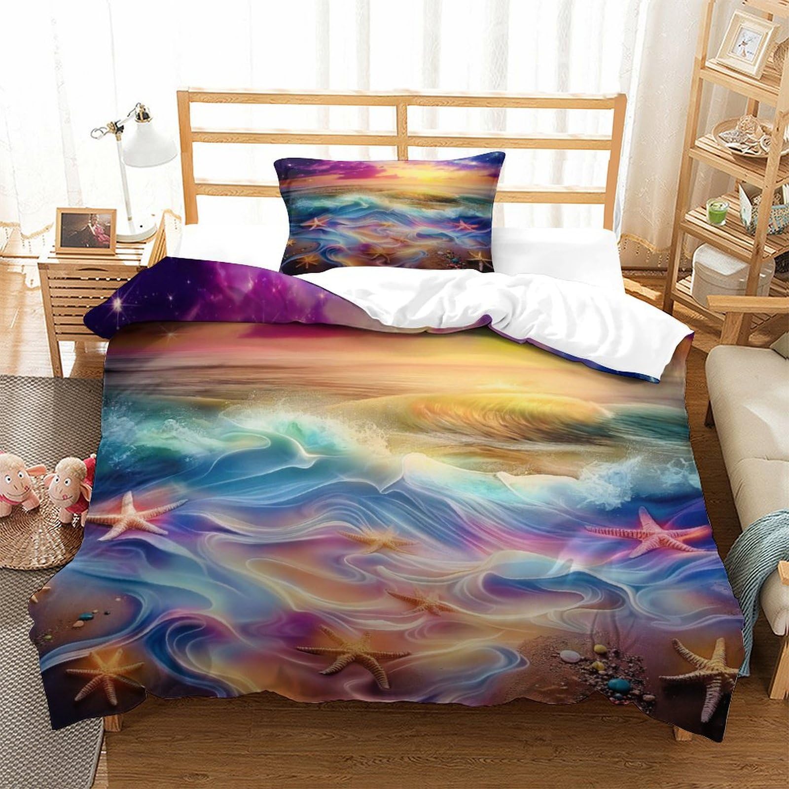 P1S9U7W5Y Dreamy Beach 3D Printed Microfiber Duvet Cover Set 3 Pieces Ocean Starfish Bedding Set Breathable Soft for Bedroom Decor Single（135x200cm）