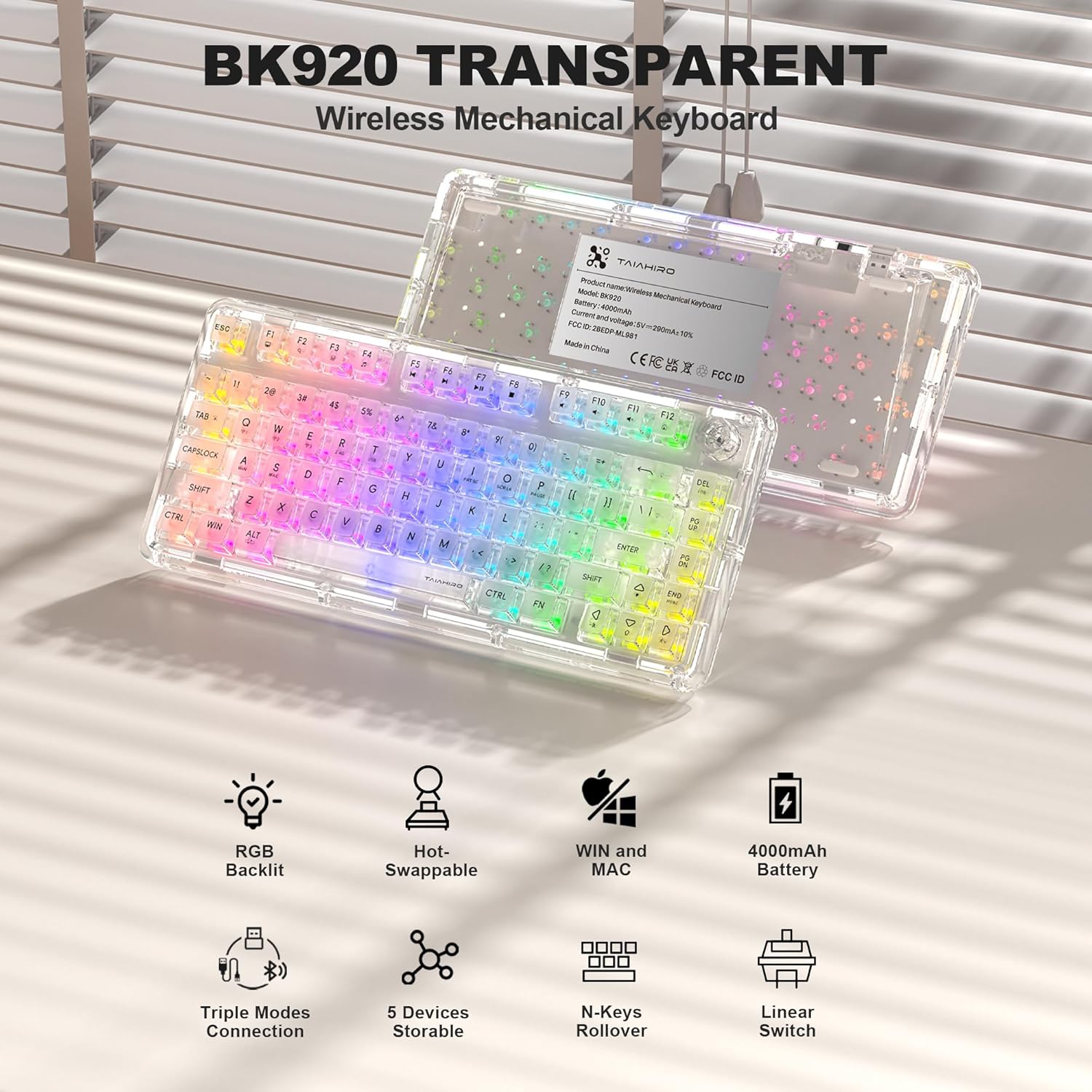 Transparent Mechanical Keyboard, RGB Backlit Wireless Creamy Gaming Keyboards, Hot Swap Customizable Clear Acrylic Design, 80-Key Quiet Linear Switches, 3 Modes BT5.0/2.4G/USB-C 4000mAh Battery, White