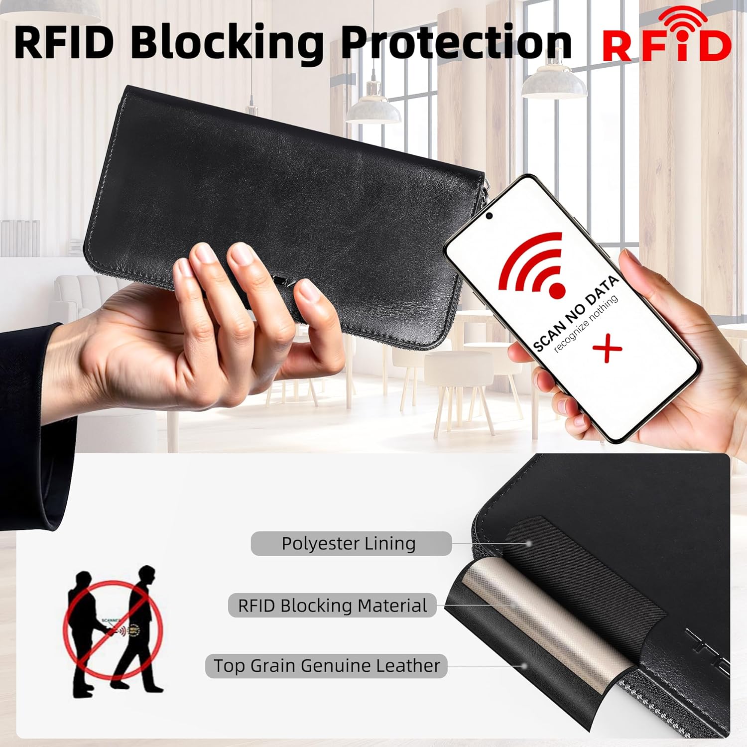 VISOUL Leather Long Zipper Pouch Wallet for Men and Women with RFID Blocking, Large Clutch Cash Long Wallet with Zipper (Black) - Image 5