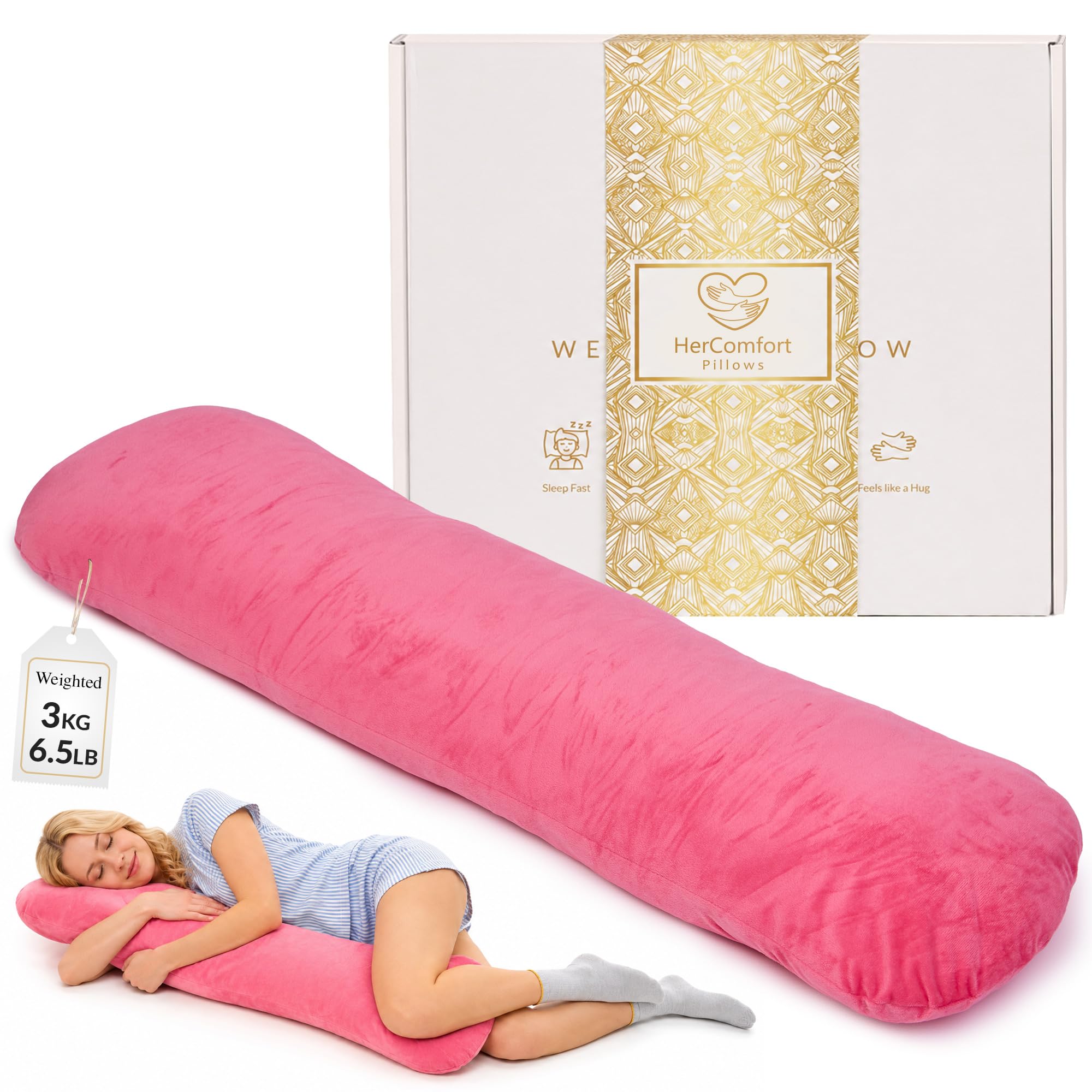 HerComfort Pillows Weighted Pillow for Adults 3 KG | 104 * 30 CM | Sleep Better & Feel Calm | Weighted Body Pillow | All-Season | Sleeping Hugging Pillows for Adults | Helps to Focus