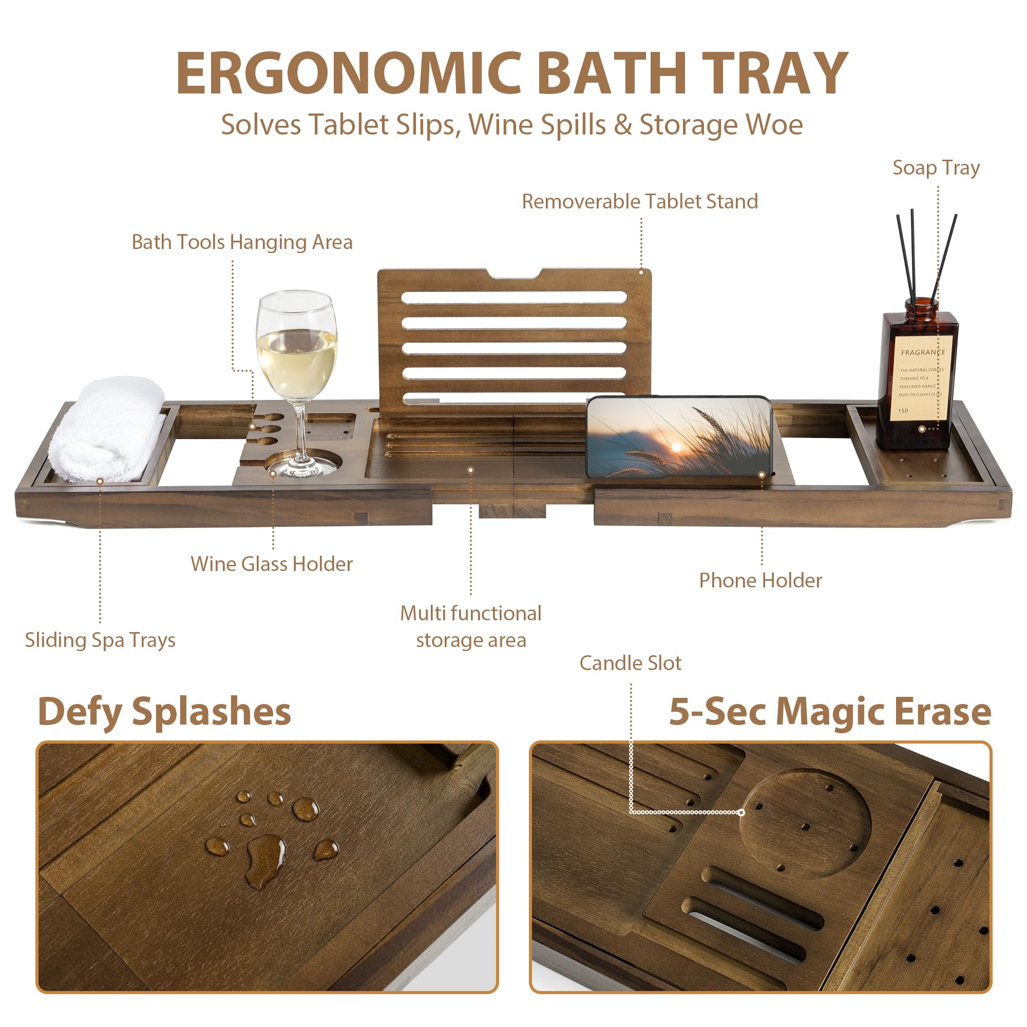 Realgulf Teak Bathtub Tray | Adjustable Width Tray with Wine Holder, Tablet/Phone & Book Stand, Splash-Proof for Bath Time- Walnut