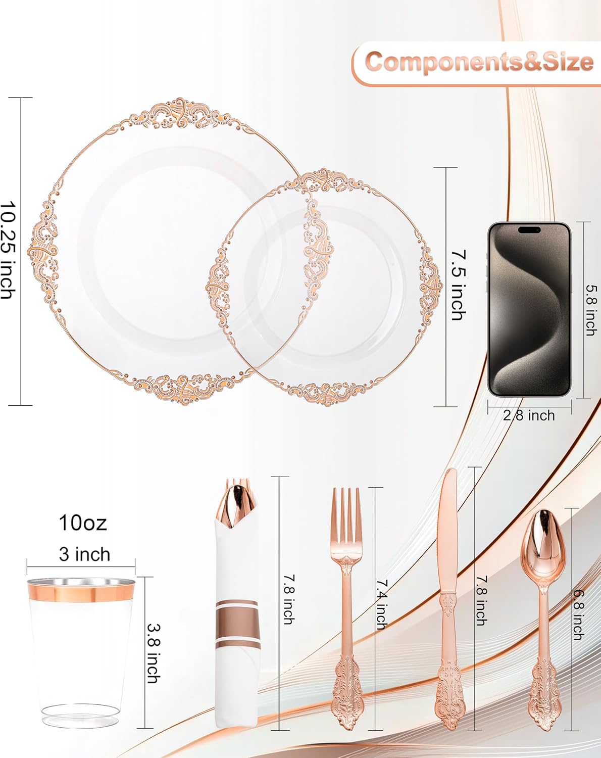 Nervure 350PCS Rose Gold Plastic Plates - Rose Gold Plastic Dinnerware Sets for 50 Guests - 100 Disposable Plates, 150 Silverware, 50 Cups, 50 Napkins Perfect for Wedding & Party & Valentines - Image 3
