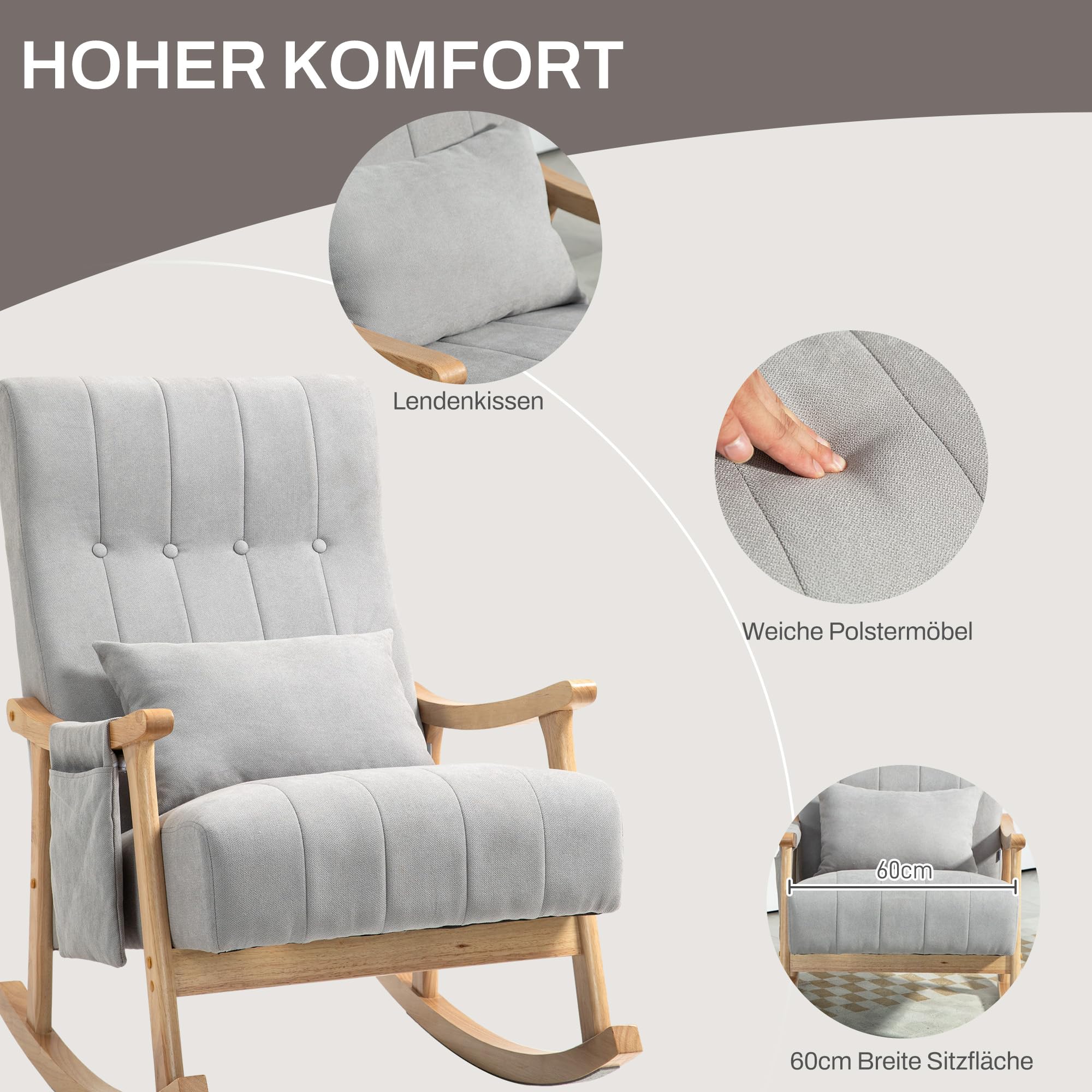 HOMCOM Schaukelstuhl Schaukelsessel mit Rückenlehne, Lendenkissen, Holzkufen, Sessel, Relaxsessel mit Leinenoptik Weich Schwingsessel Stillsessel für Wohnzimmer, Schlafzimmer Grau
