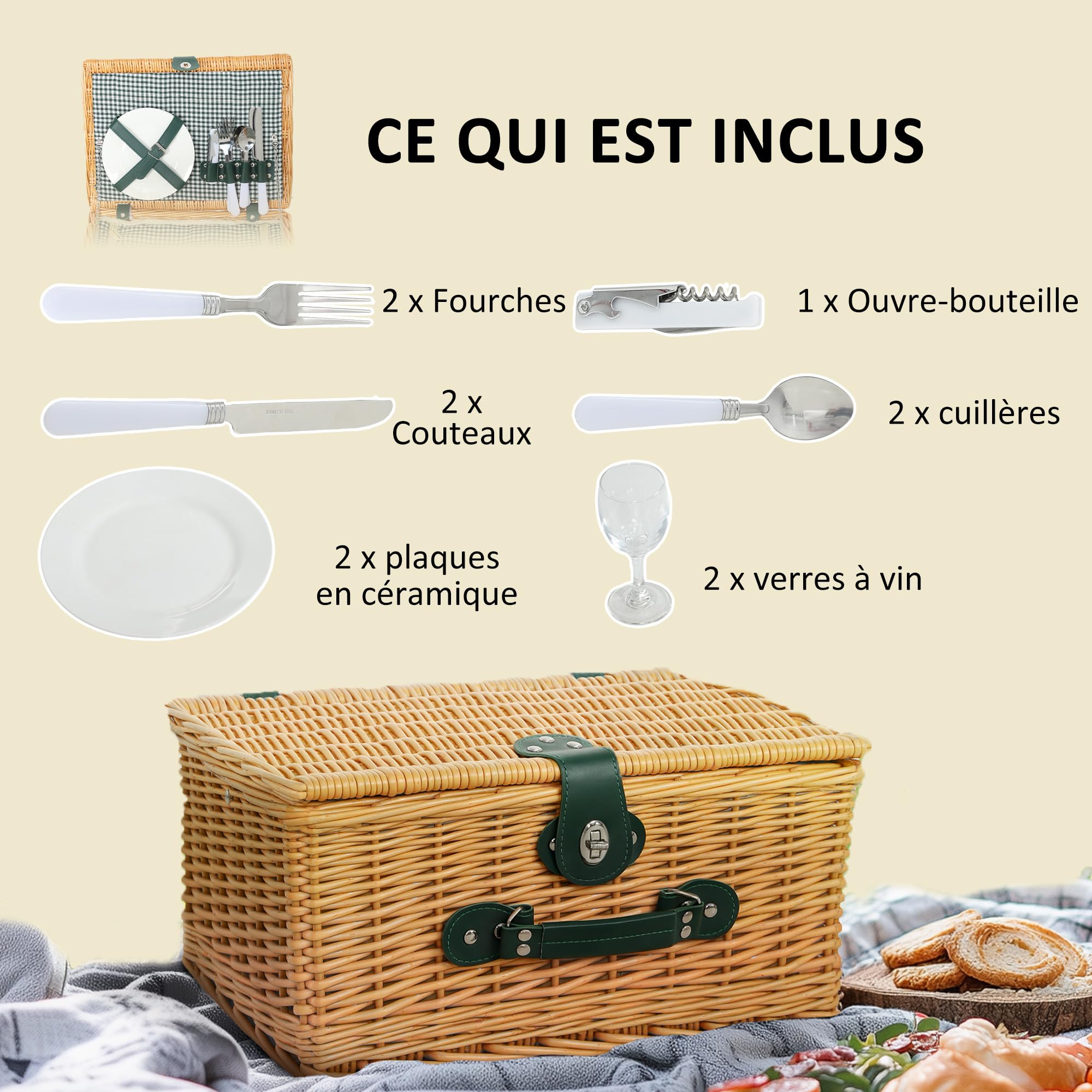 Outsunny Panier Pique Nique en Osier pour 2 Personnes, Panier Picnic avec Compartiment Isotherme et Couverture de Pique-Nique imperméable, poignée de Transport, pour Camping randonnée BBQ, Marron