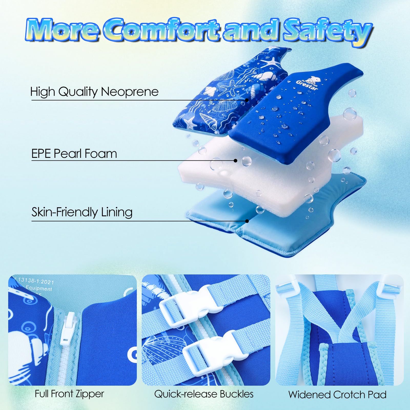Chaleco Flotador Infantil con Correa Ajustable, Grestar Chaleco Piscina Bebe, Chaleco de Natación de Neopreno para Niños y Niñas de 2 a 9 Años / 15-35 kg