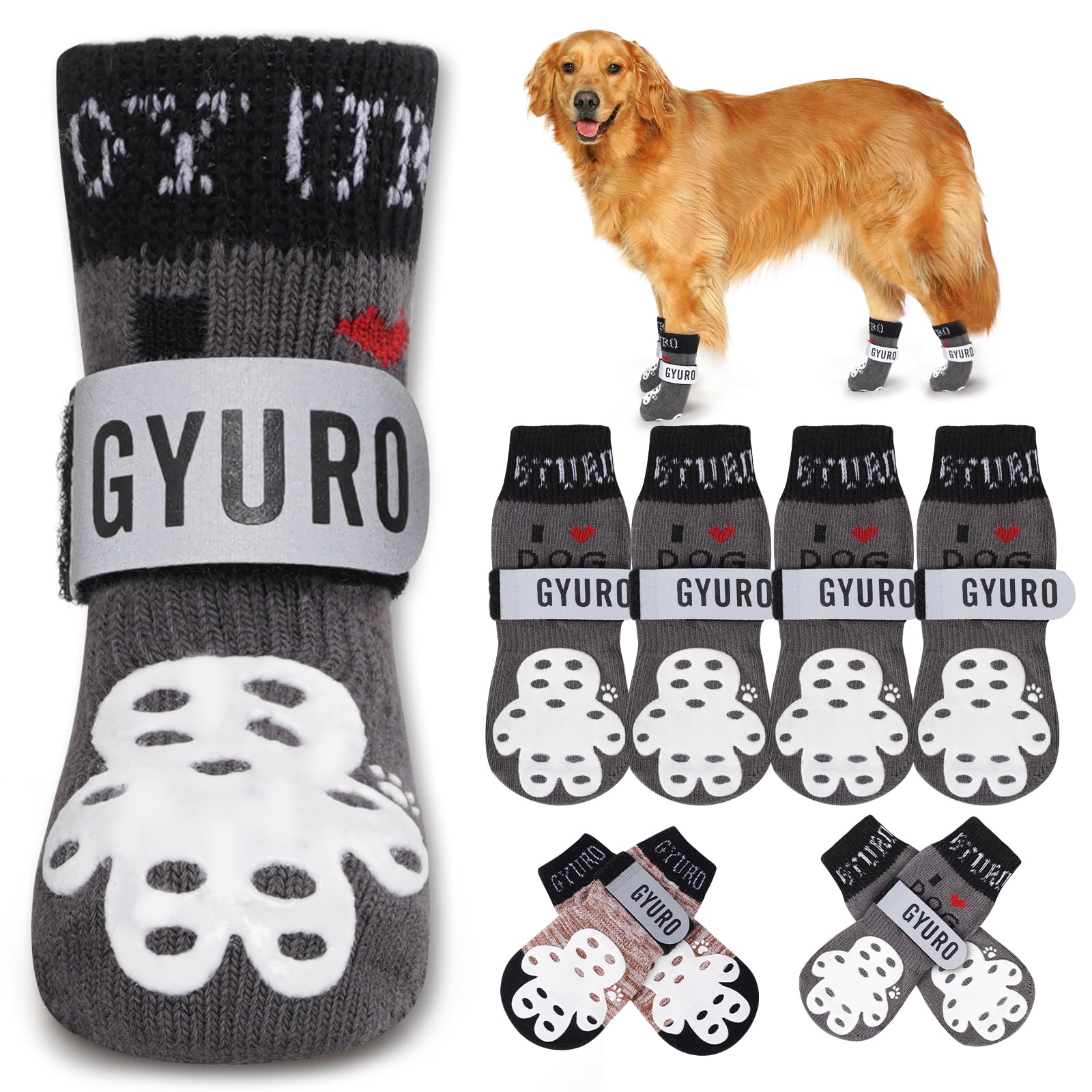 GYURO 4-Sided Anti Slip Dog Socks Paws Stop Licking with Adjustable Reflective Strap, Indoor Paw Protection