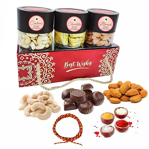 Fabbites Bhai Dooj Gift Set For Small/Younger Or Big/Elder Brother -Dry Fruit Almond, Cashew With Chocolates-Bhai Dooj Gift Hamper Tikka Set,120 Grams