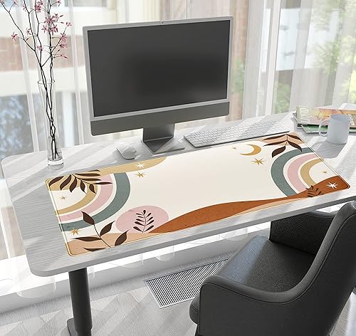 Miniatura 6 de Tapete de escritorio bohemio, alfombrilla de mouse grande con plantas retro abstractas, XXL para juegos, 31.5 x 15.7 pulgadas, color marrón y gris,